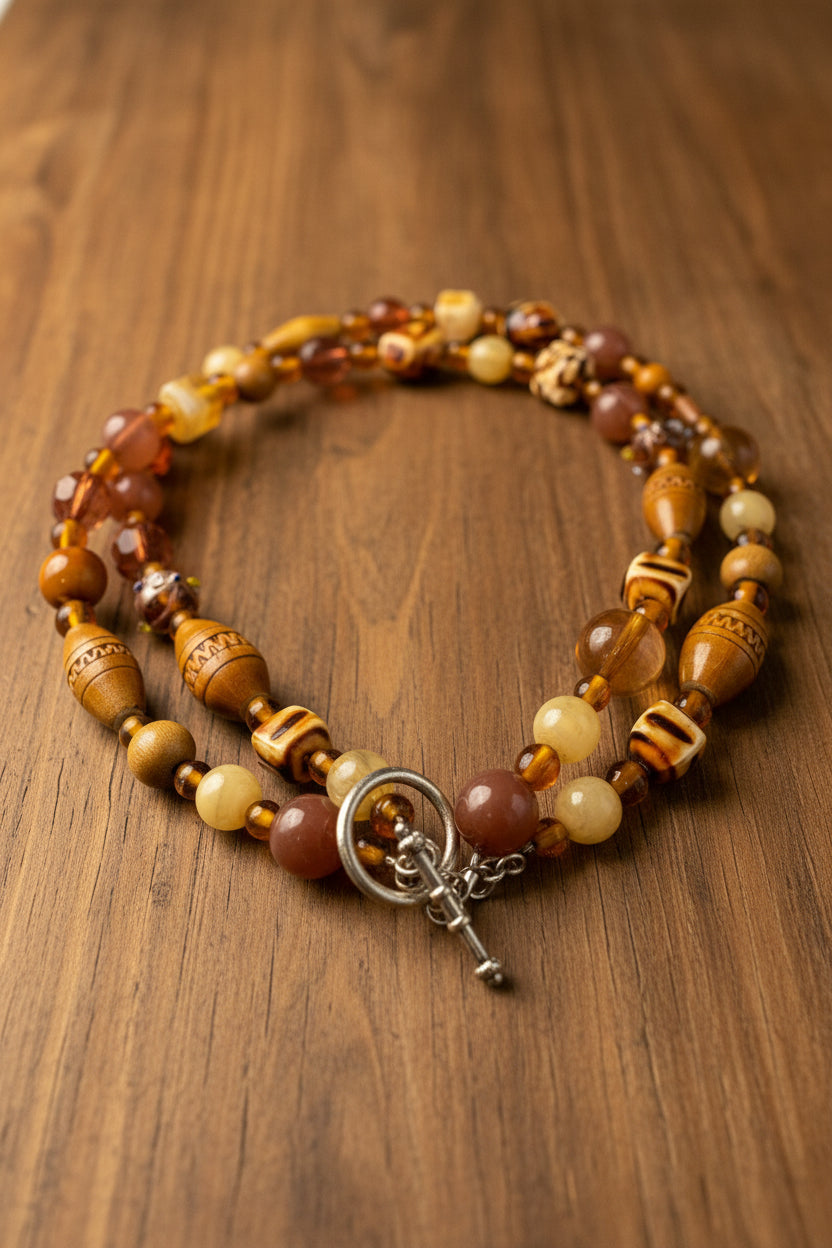Vintage Layered Amber & Wood Mixed Material Statement Necklace