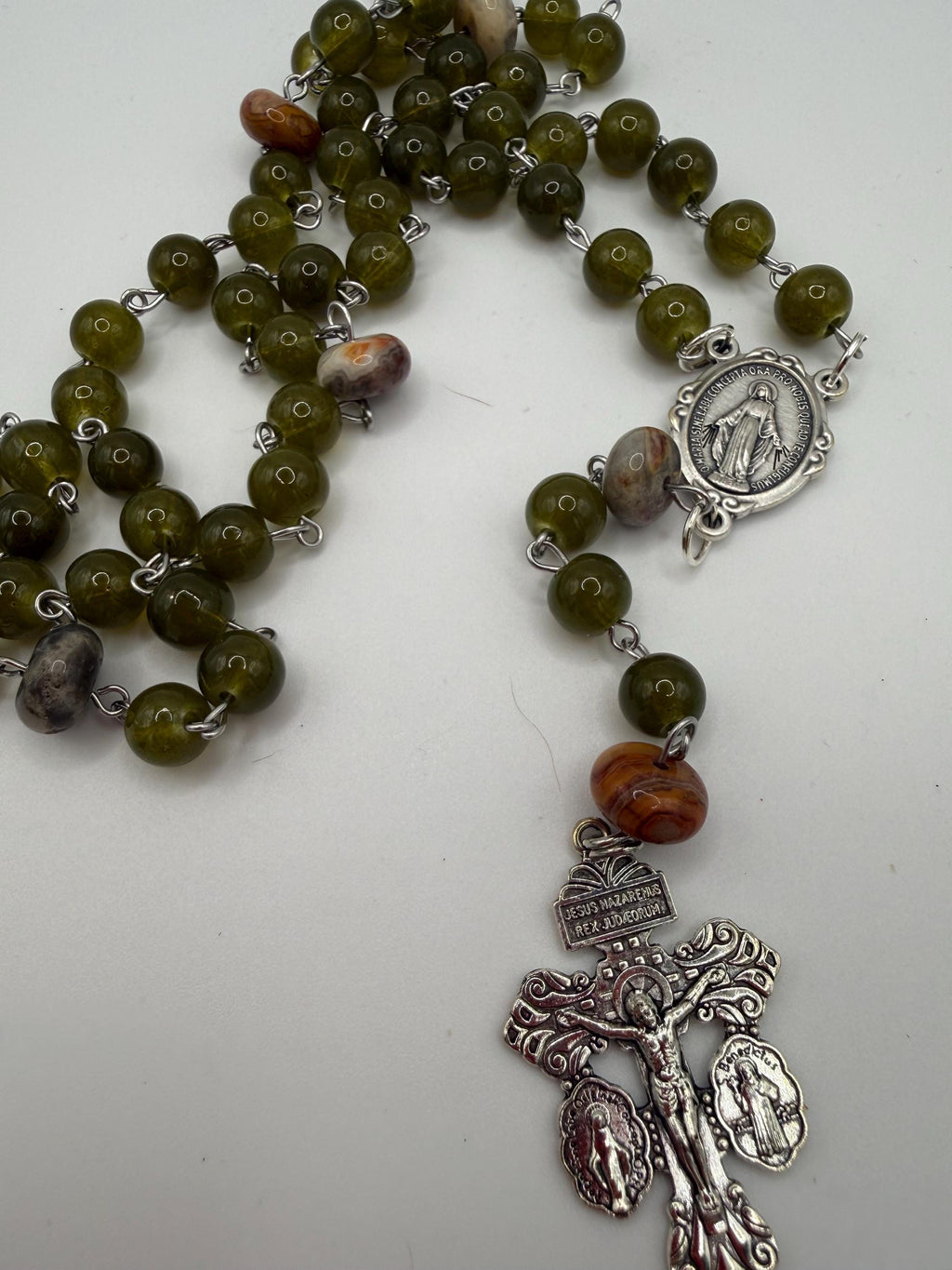 Handmade Green Rosary-Olive Beads with Agate Accents, Silver Miraculous Medal Center and Pardon Crucifix