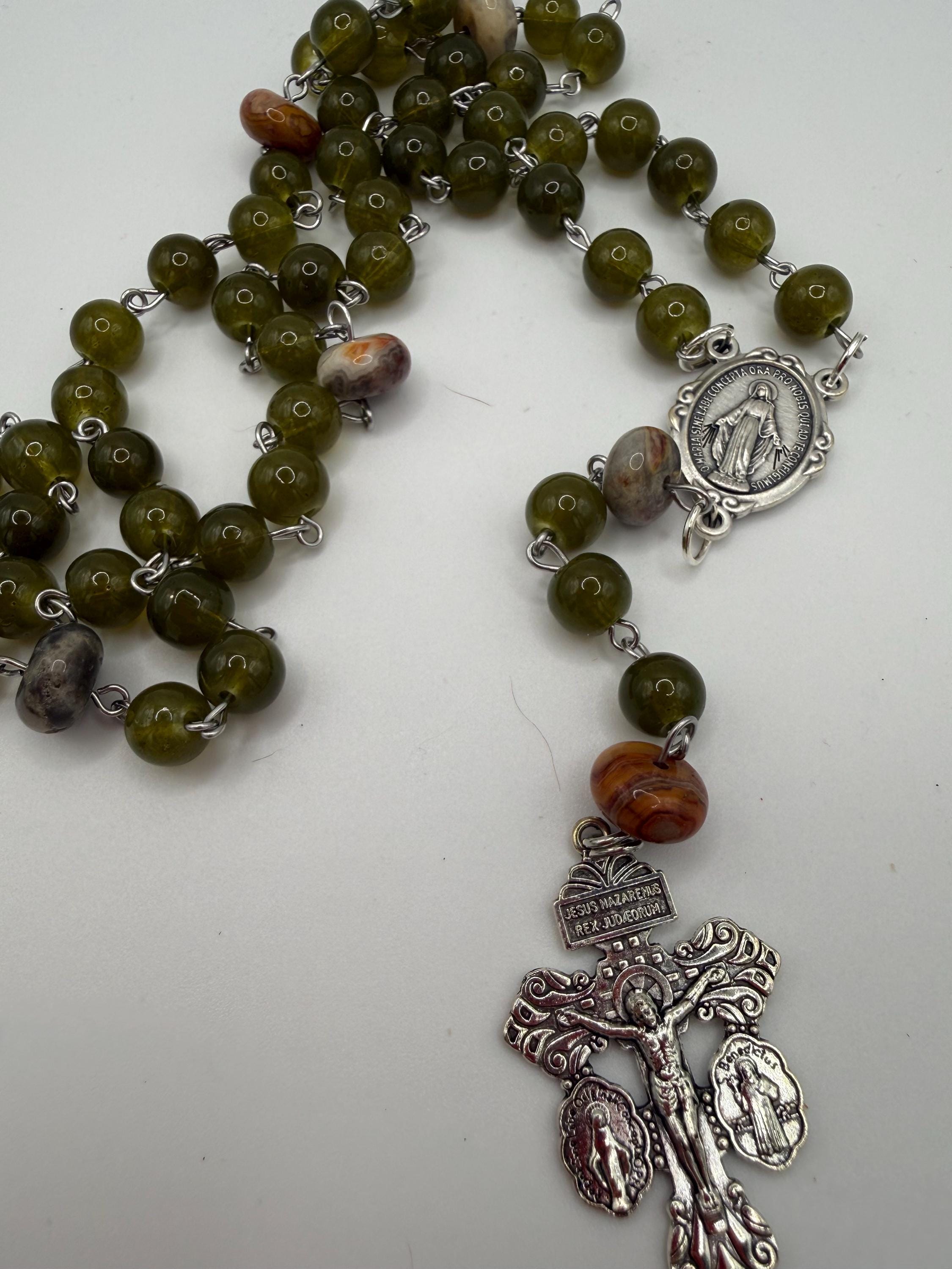 Handmade Green Rosary-Olive Beads with Agate Accents, Silver Miraculous Medal Center and Pardon Crucifix