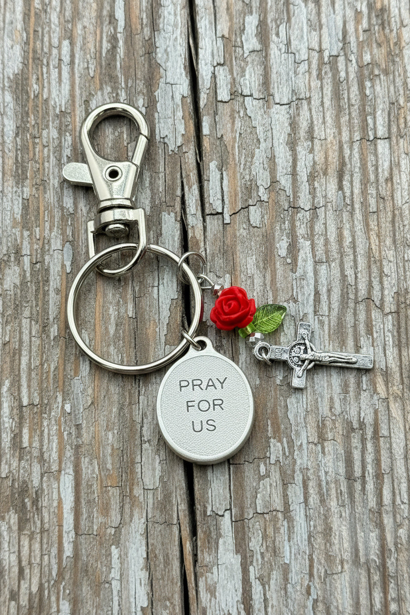 Handmade Catholic Keychain with Our Lady of the Rosary Medal, Crucifix, and Rose Charm