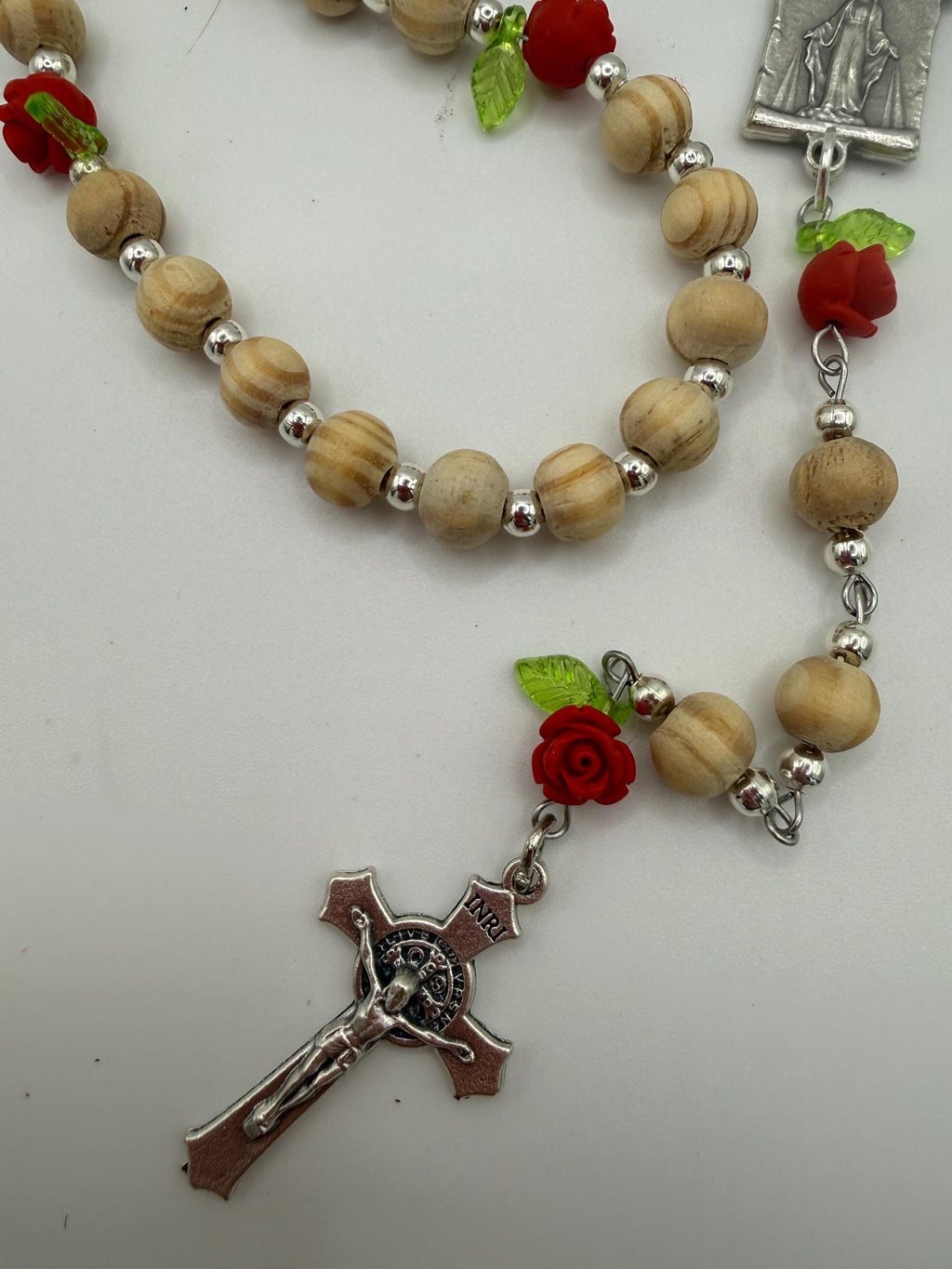 Wooden Rosary, Silver-toned Spacers, Red Rose  “Our Father Beads”