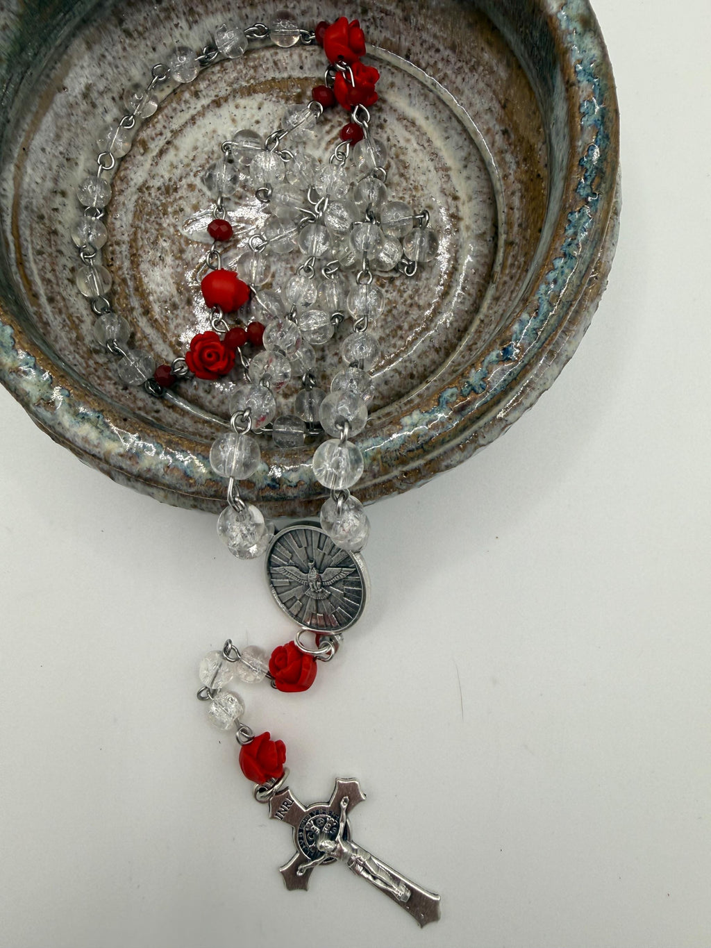 Clear Crackle Glass Rosary, Red Rose Beads, Holy Spirit Center, St. Benedict Crucifix