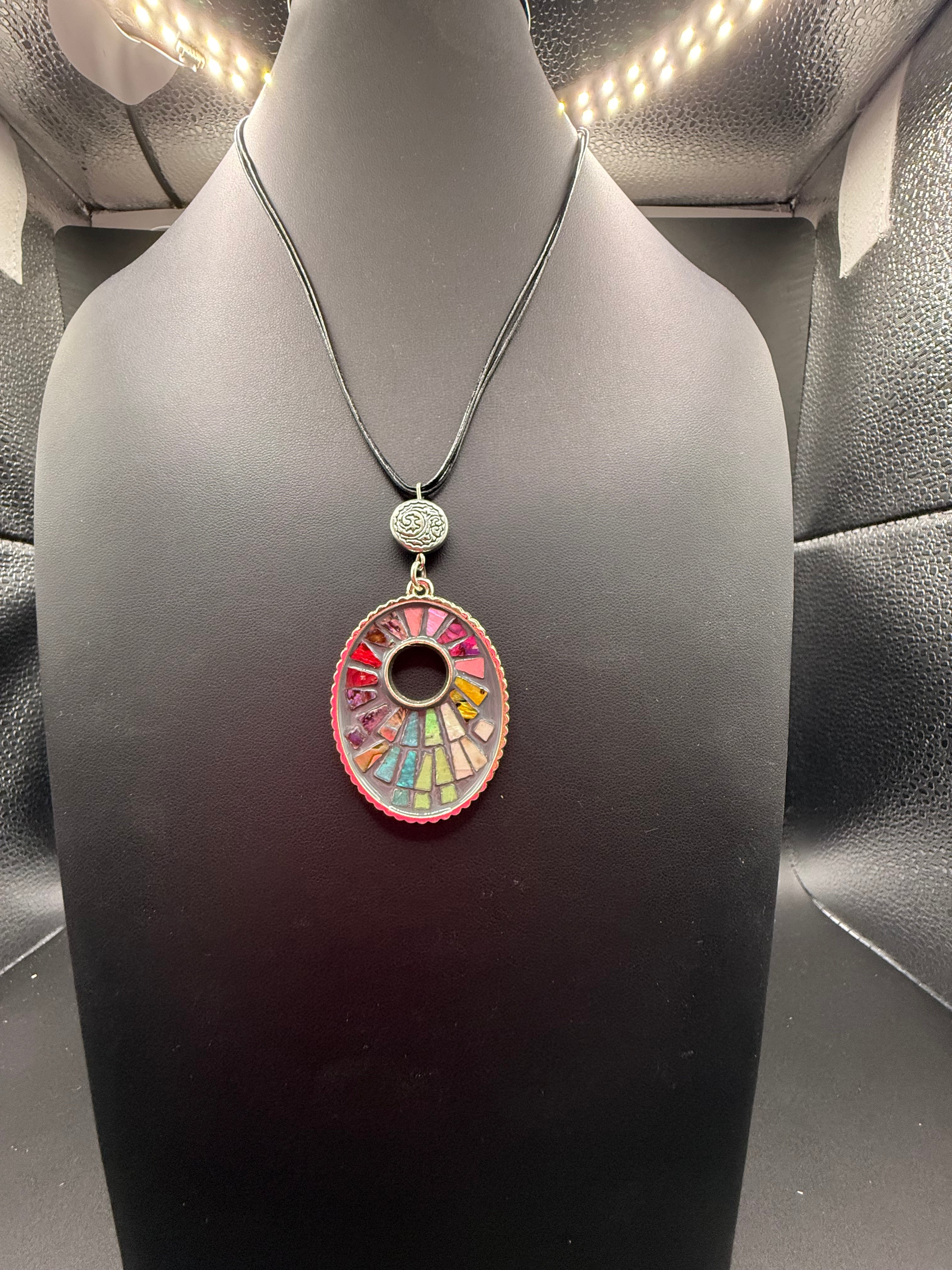 Colorful Mosaic Pendant Necklace, Rainbow Stained Glass Style Choker, Multi Strand Black Cord