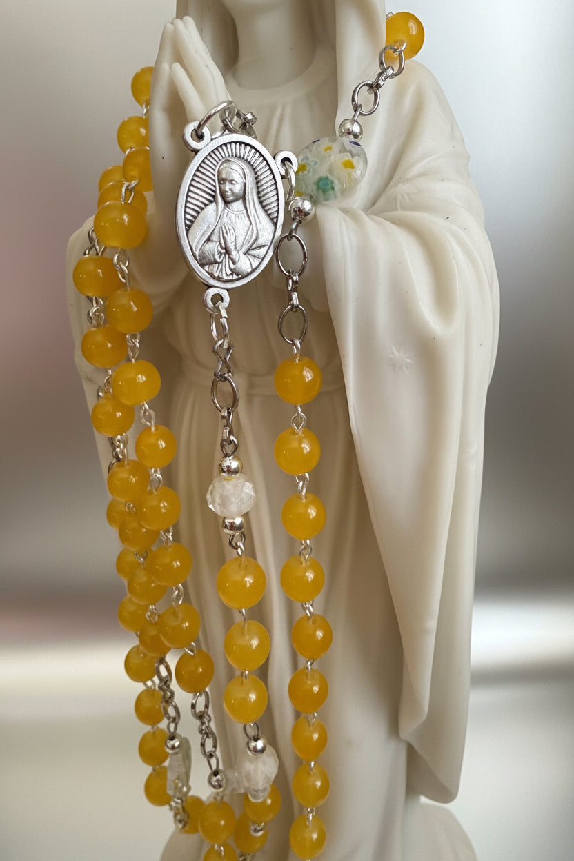 Yellow and White Floral Rosary with Mother Mary Centerpiece