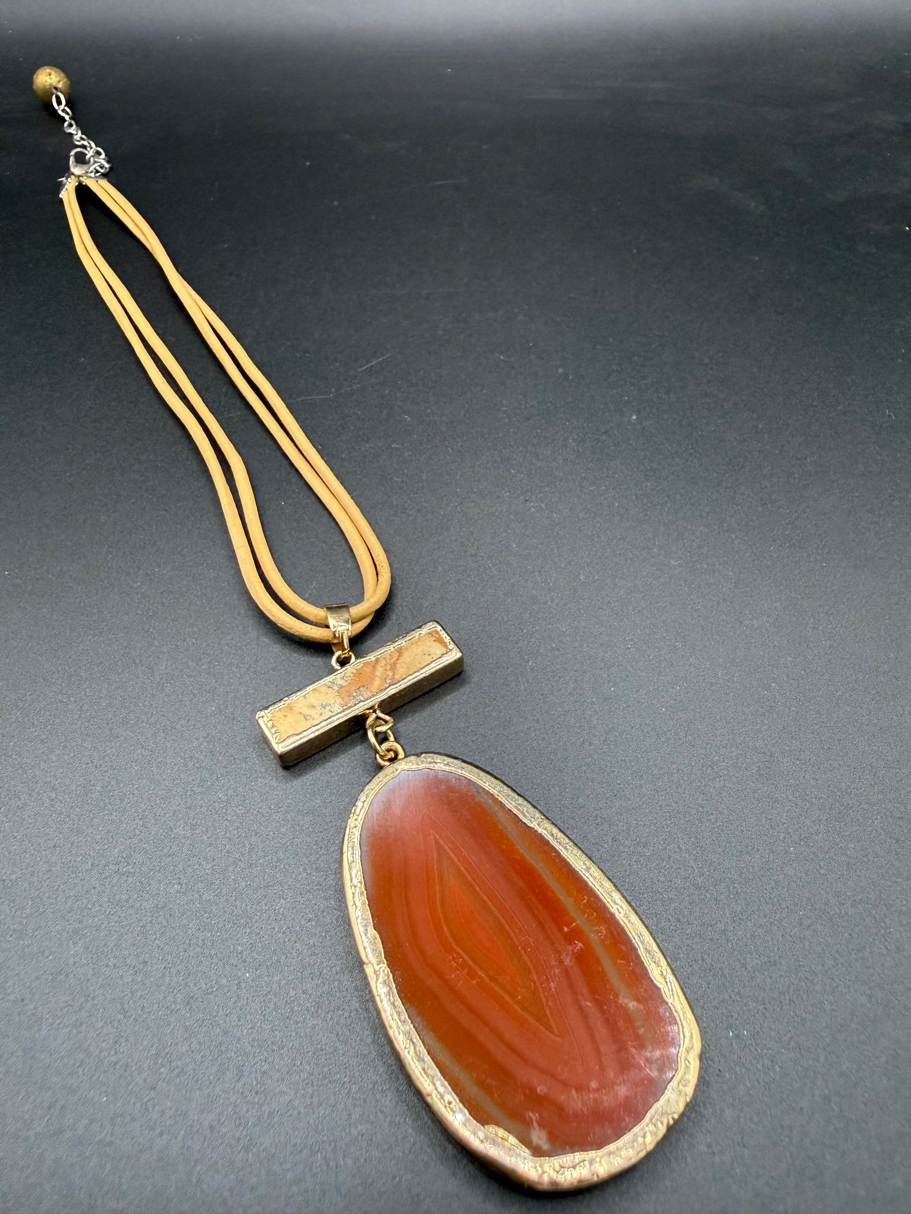 Boho Statement Agate Slice Necklace - Terracotta Orange Stone Pendant on Neutral Cord, Gold Trim, Gift for Her