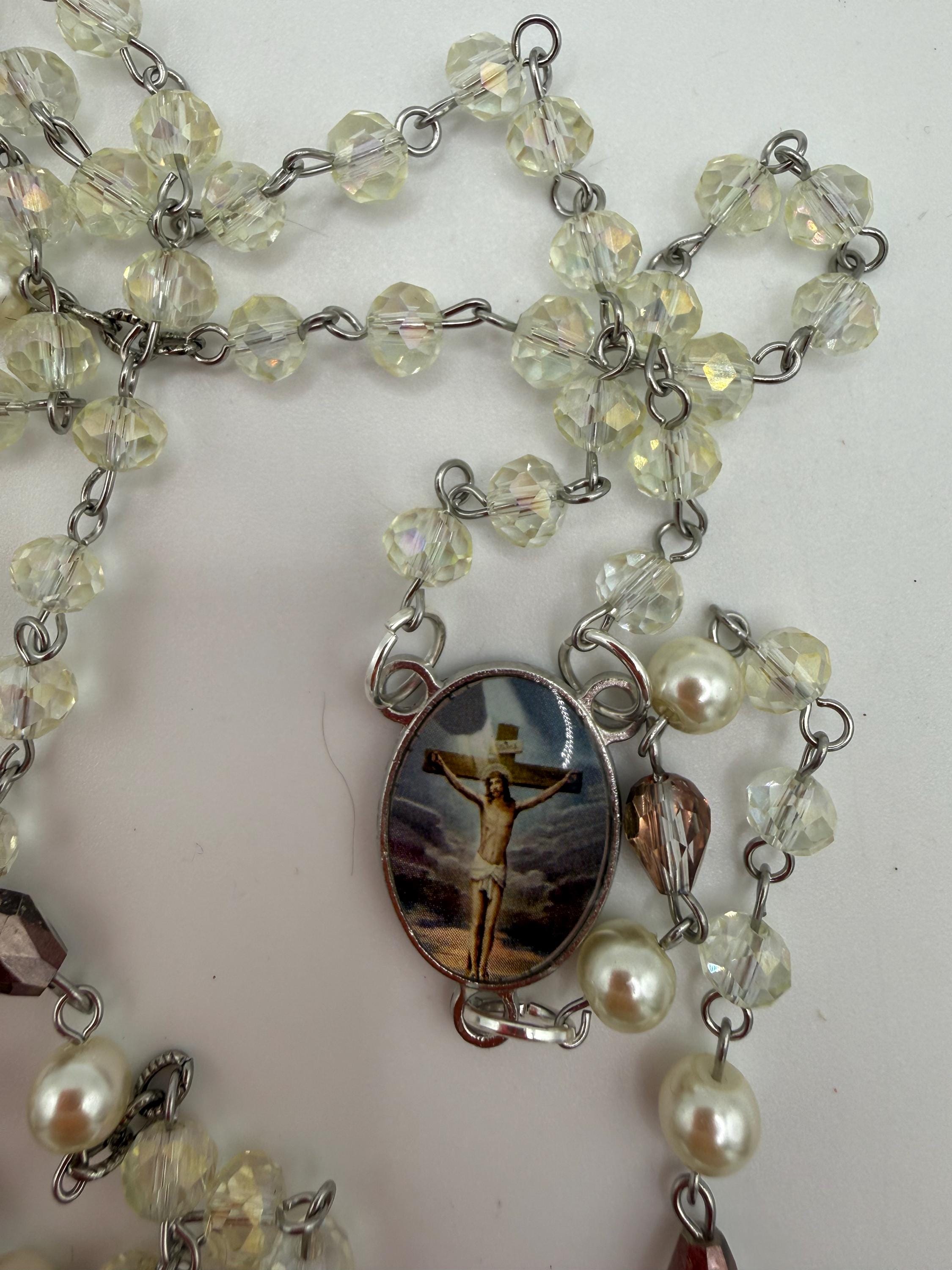 Handcrafted Catholic Rosary - Clear Crystal & Faux Pearl Beads with St. Benedict Crucifix and Sacred Heart Centerpiece - Traditional Prayer