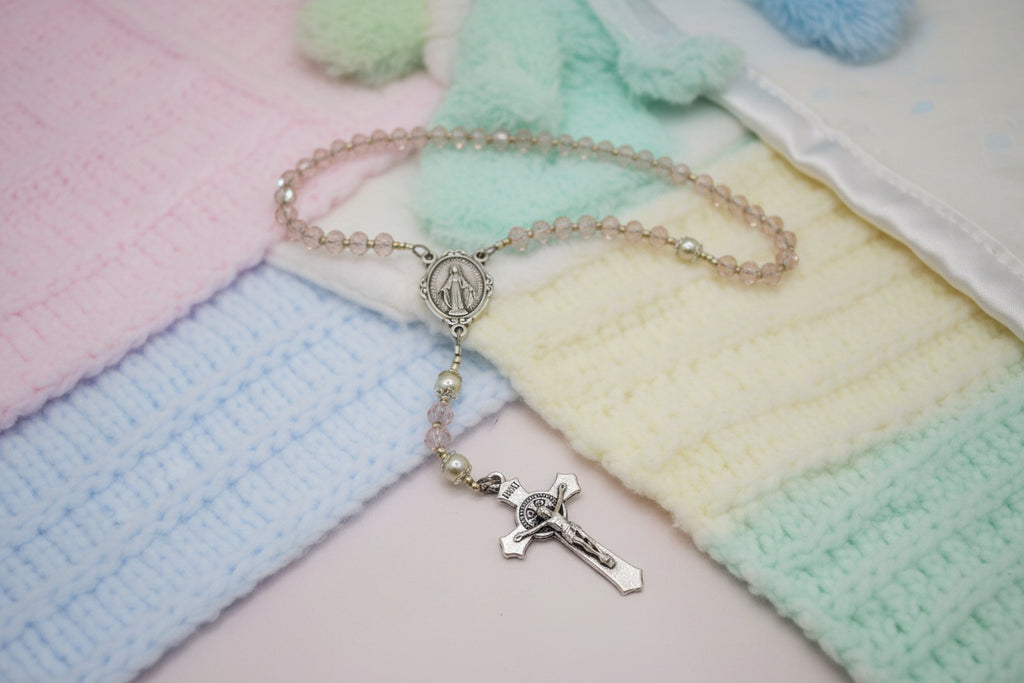 Child's First Rosary - Blush Pink Crystal Beads, Silver Crucifix
