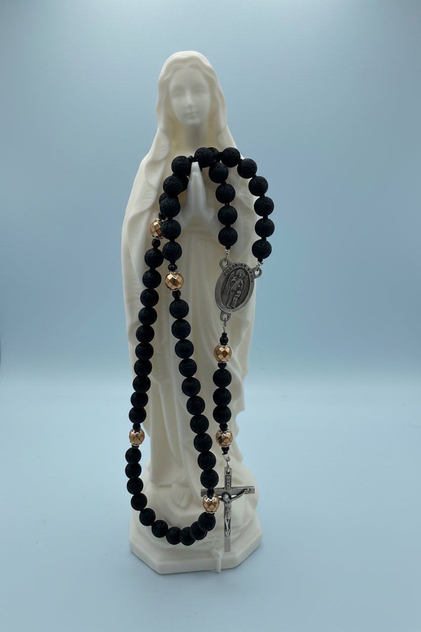 Men's Lava Rock Rosary - Silver Guardian Angel & INRI Crucifix - Essential Oil Diffuser Rosary