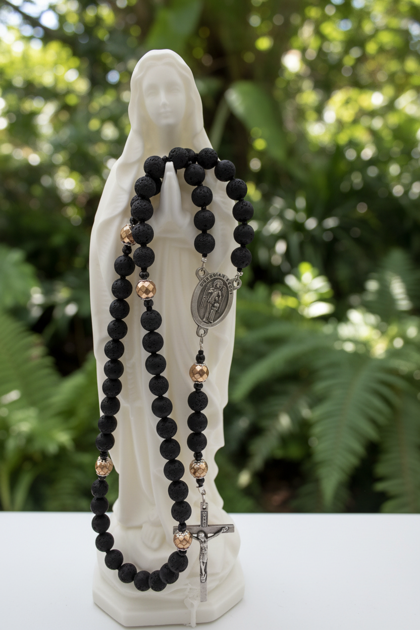 Men's Lava Rock Rosary - Silver Guardian Angel & INRI Crucifix - Essential Oil Diffuser Rosary