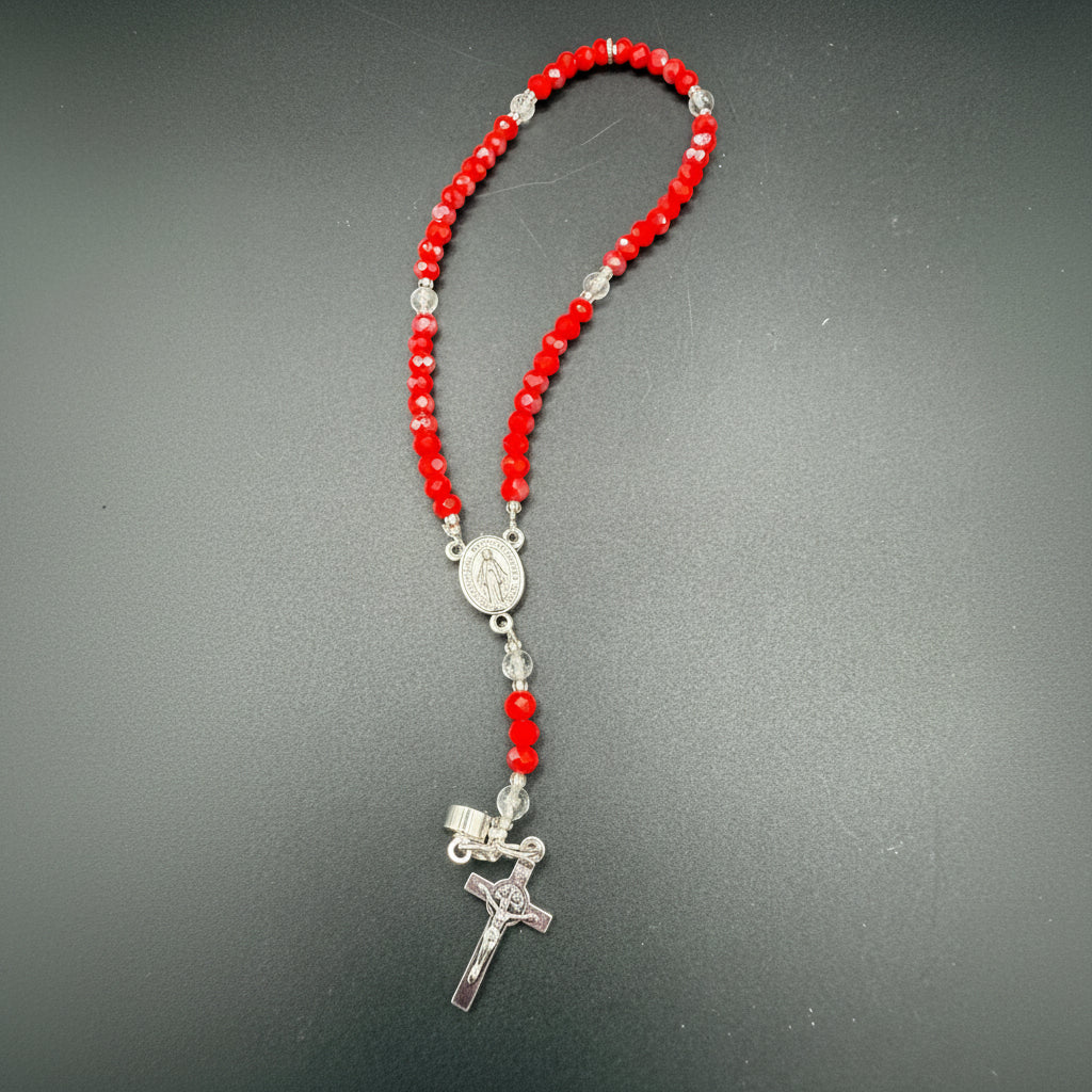 Red Crystal Rosary Bracelet – Miraculous Medal & Silver Crucifix | Handmade Catholic Gift