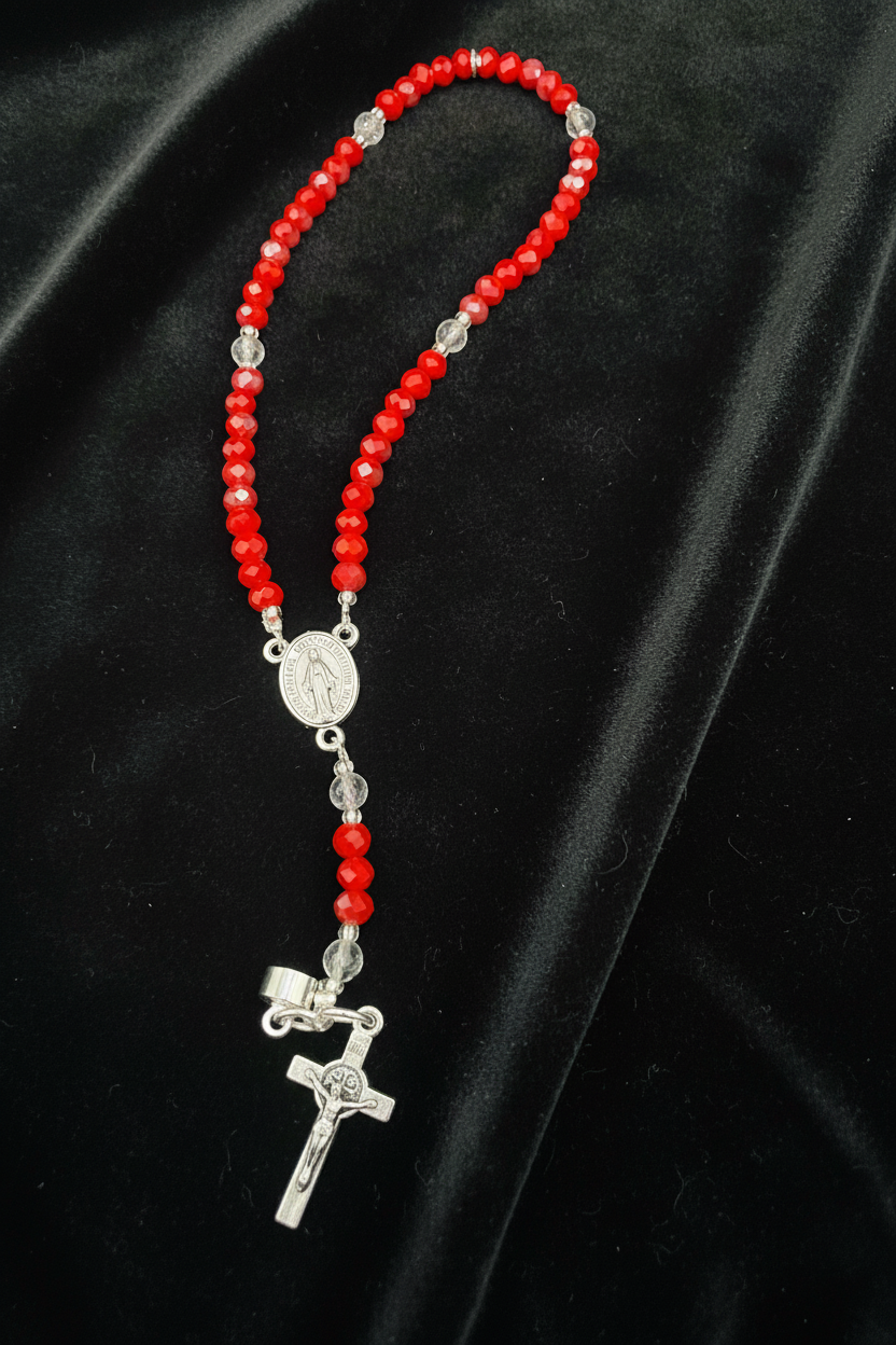 Red Crystal Rosary Bracelet – Miraculous Medal & Silver Crucifix | Handmade Catholic Gift