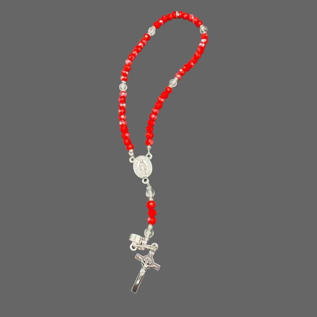 Red Crystal Rosary Bracelet – Miraculous Medal & Silver Crucifix | Handmade Catholic Gift