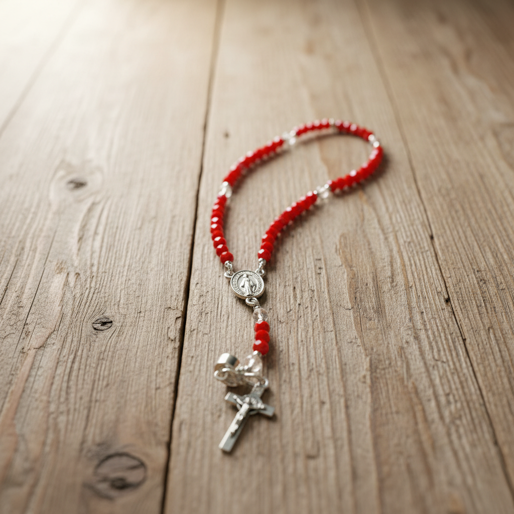 Red Crystal Rosary Bracelet – Miraculous Medal & Silver Crucifix | Handmade Catholic Gift