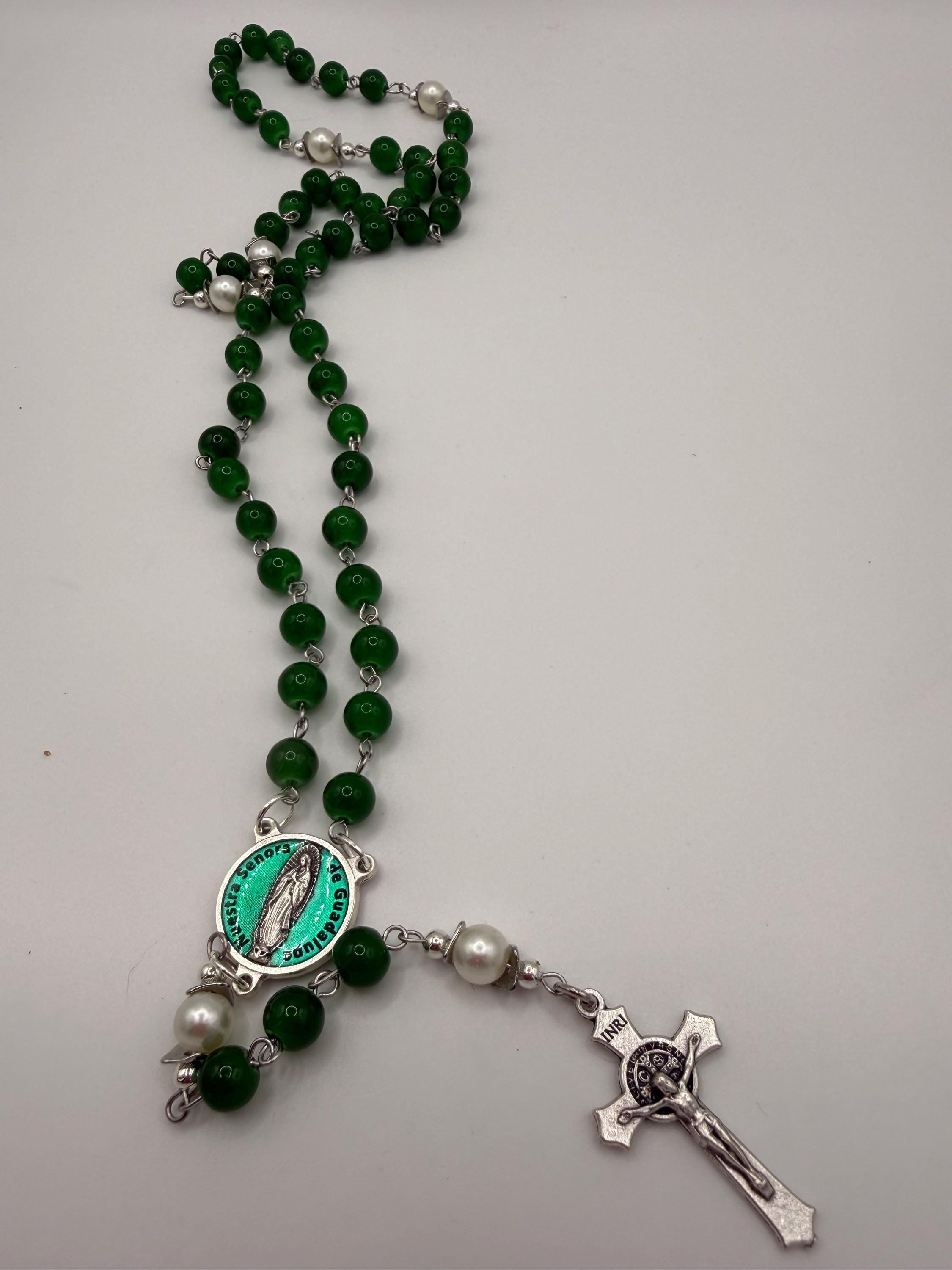 Emerald Green Glass Bead Rosary with Pearl Like Accents | Miraculous Medal Center | St. Benedict Crucifix