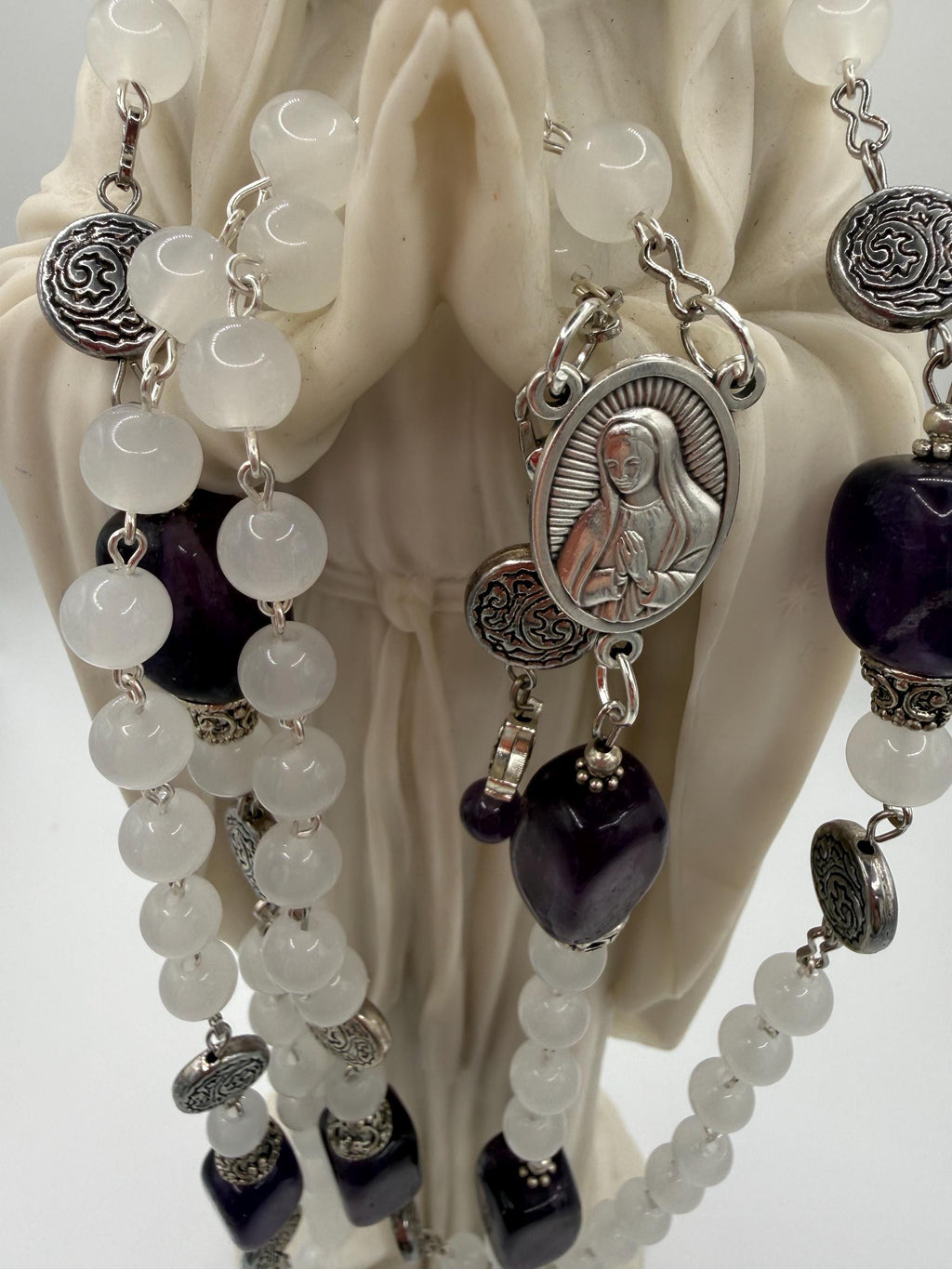 White Catholic Rosary with Glass and Amethyst Beads