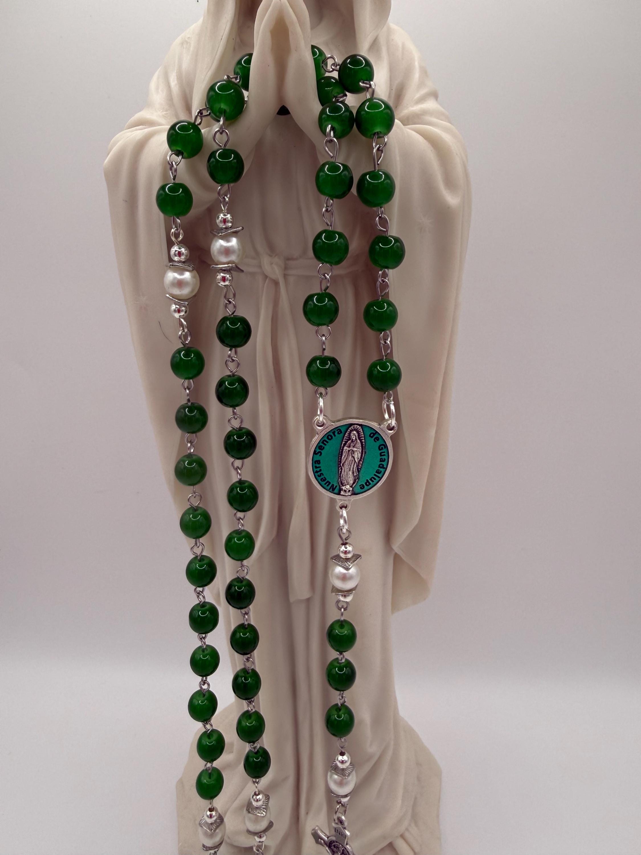 Emerald Green Glass Bead Rosary with Pearl Like Accents | Miraculous Medal Center | St. Benedict Crucifix