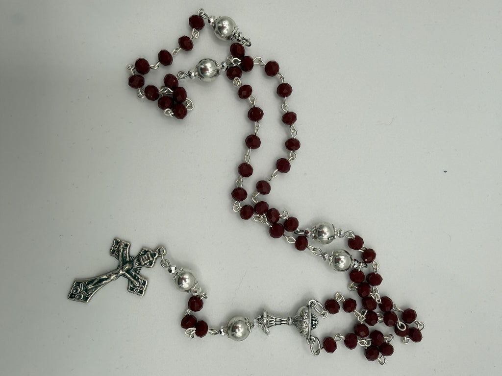 Deep Red Crystal First Communion Rosary – Chalice Centerpiece, Pardon Crucifix