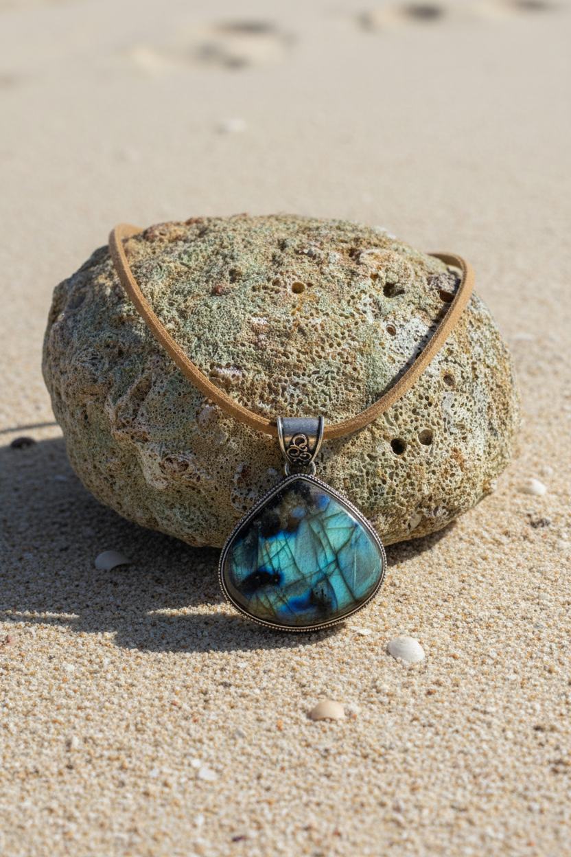 Large Teardrop Labradorite Statement Pendant Necklace – Boho Suede Cord Jewelry