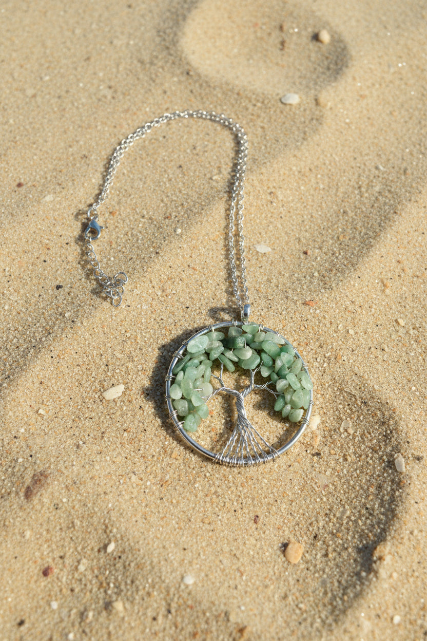 Wire Wrapped Green Aventurine Tree of Life Pendant Necklace • Silver Chain Boho Jewelry
