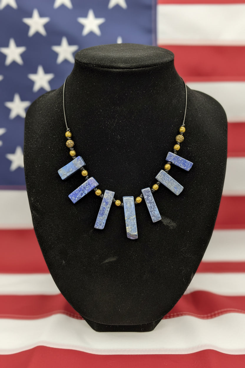 Lapis Lazuli Statement Necklace With Pyrite Gold Beads, Boho Artisan