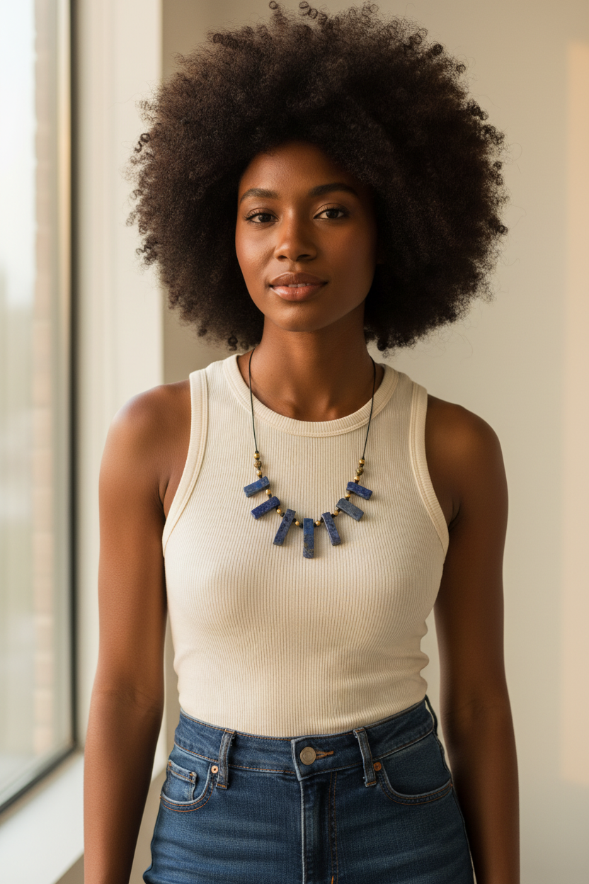 Lapis Lazuli Statement Necklace With Pyrite Gold Beads, Boho Artisan