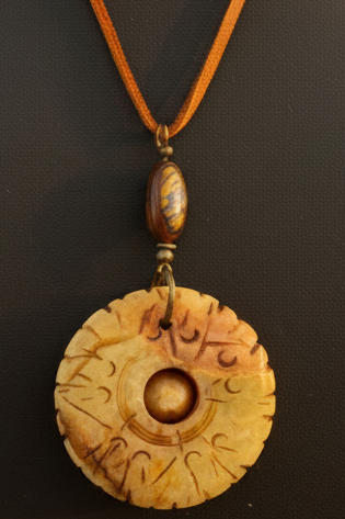 Carved Serpentine Jade Bi Disc Pendant Necklace | Tiger Iron Gemstone Boho Amulet