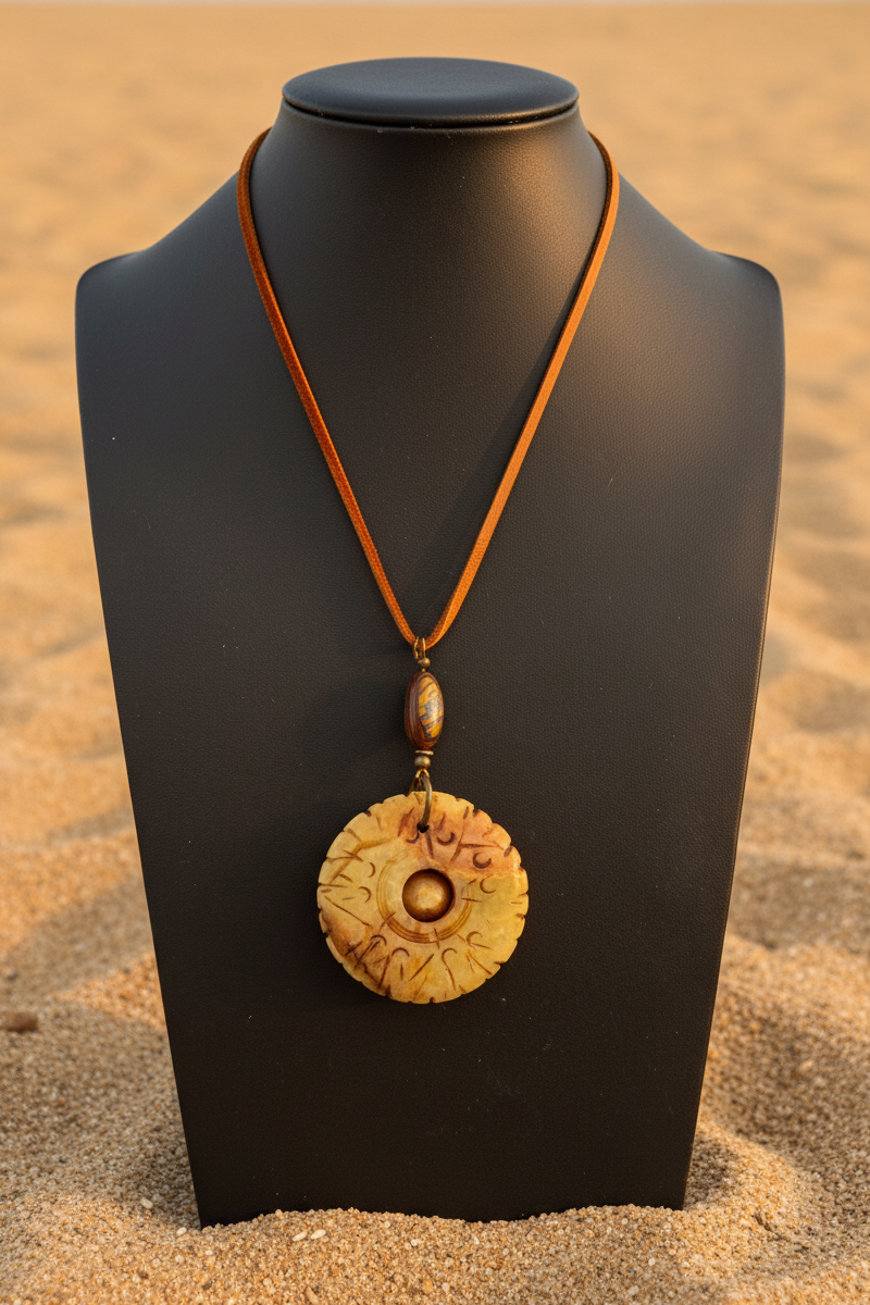 Carved Serpentine Jade Bi Disc Pendant Necklace | Tiger Iron Gemstone Boho Amulet