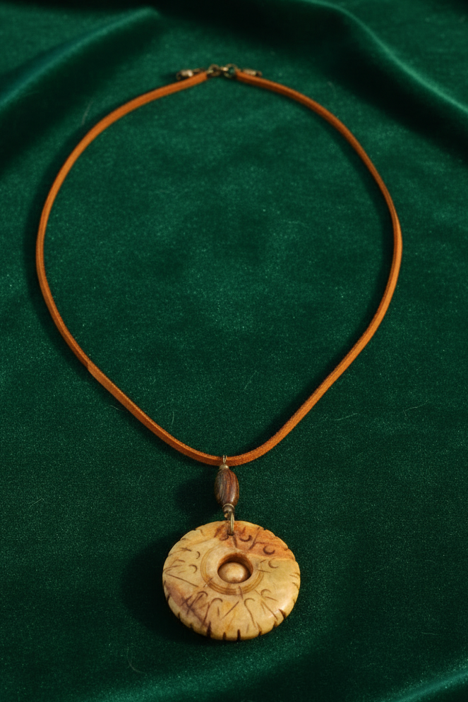 Carved Serpentine Jade Bi Disc Pendant Necklace | Tiger Iron Gemstone Boho Amulet