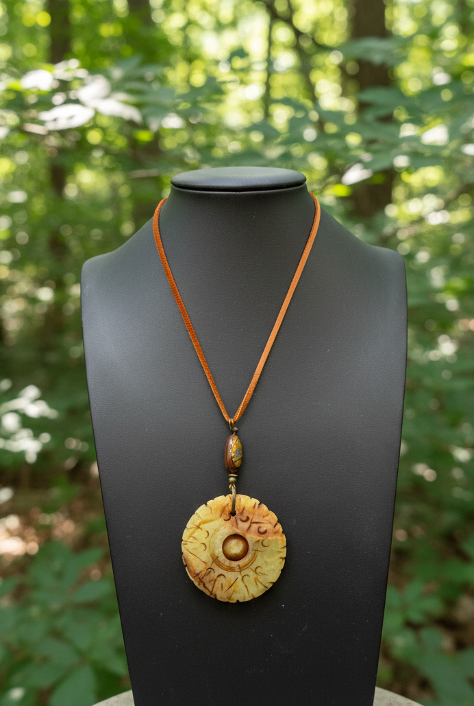 Carved Serpentine Jade Bi Disc Pendant Necklace | Tiger Iron Gemstone Boho Amulet