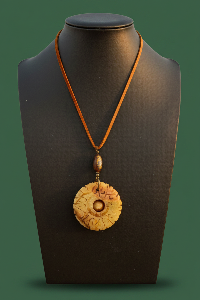 Carved Serpentine Jade Bi Disc Pendant Necklace | Tiger Iron Gemstone Boho Amulet
