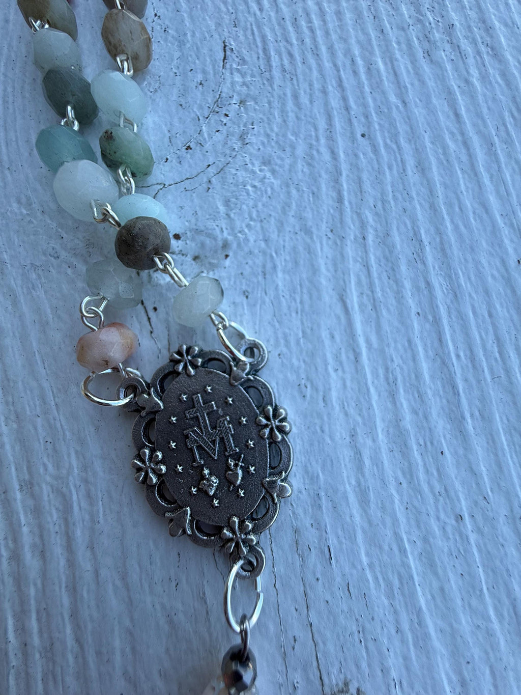Handmade Amazonite Rosary with Freshwater Pearl Accents - Catholic Rosary Beads - Miraculous Medal