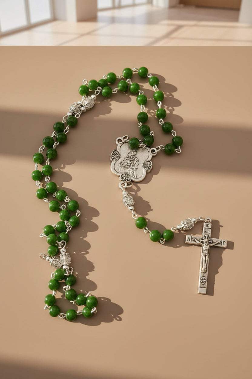 Handmade Green Rosary - Catholic Prayer Beads with Silver Madonna Centerpiece