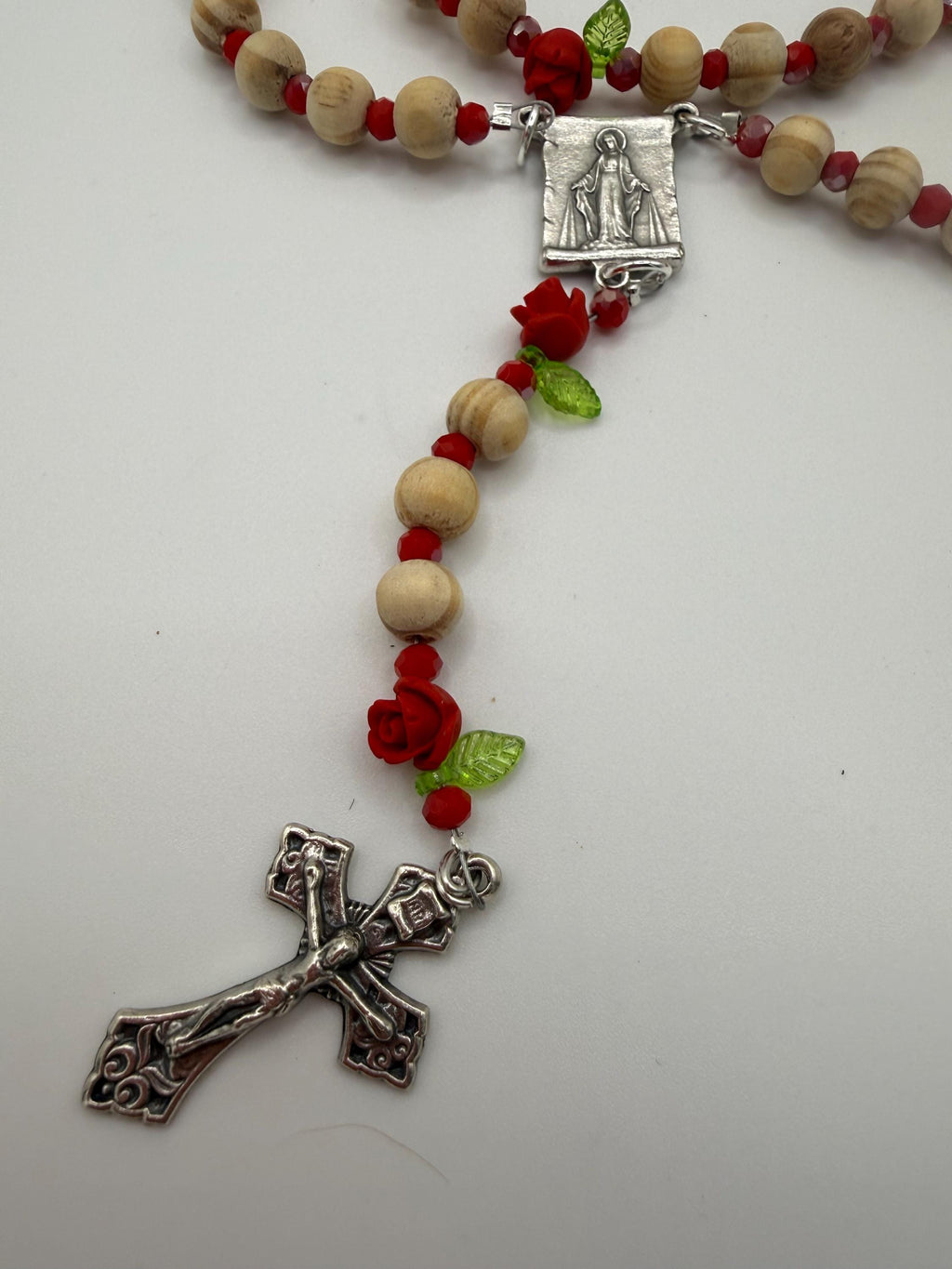 Wooden Rosary, Red Crystal Spacers, Rose Our Father Beads