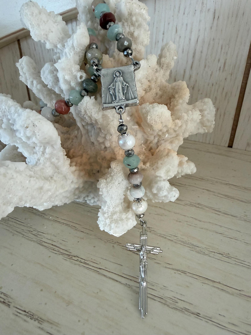 Title: Earth and Sea Natural Stone Rosary with Triple Nail Crucifix
