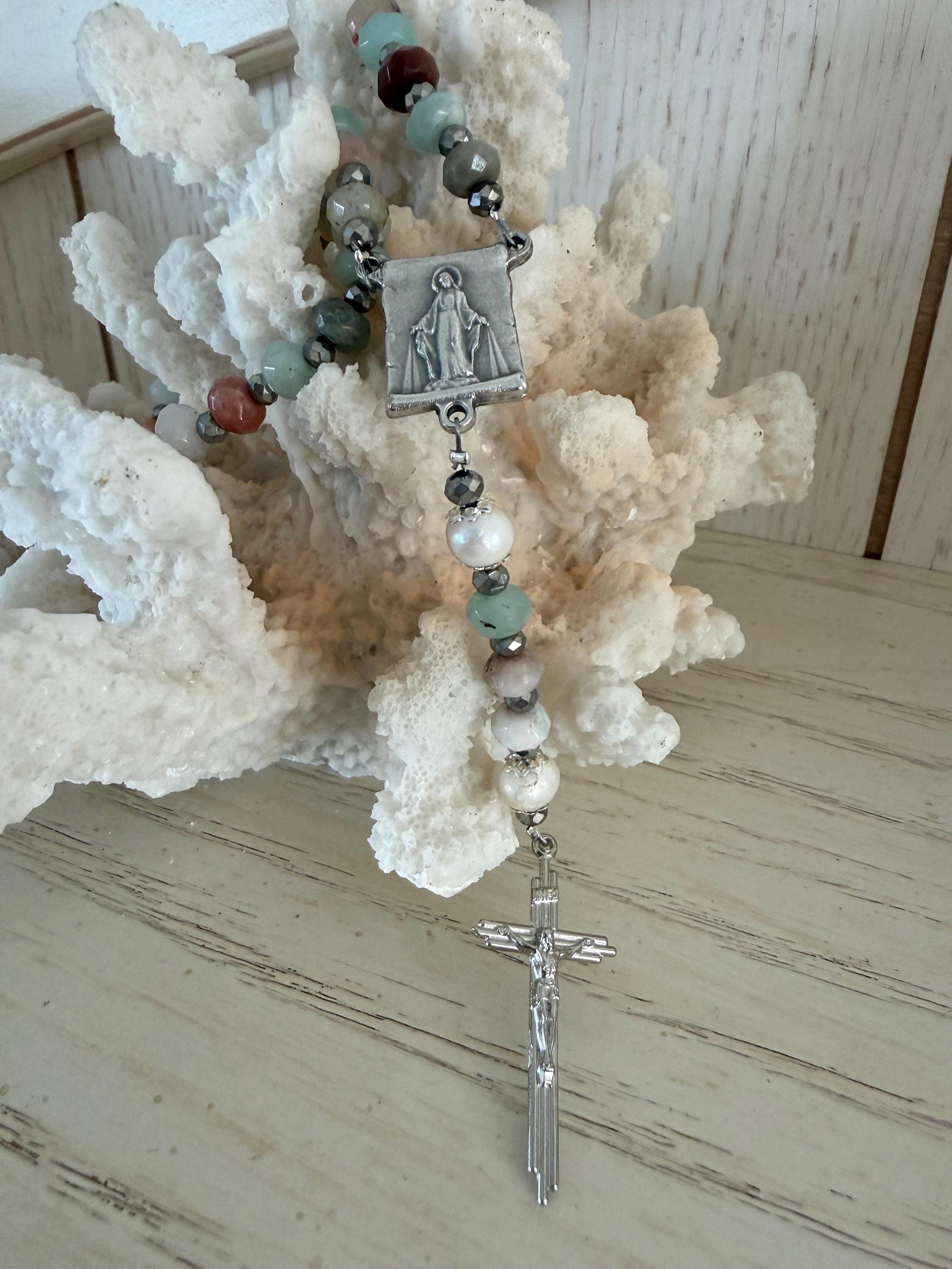 Title: Earth and Sea Natural Stone Rosary with Triple Nail Crucifix