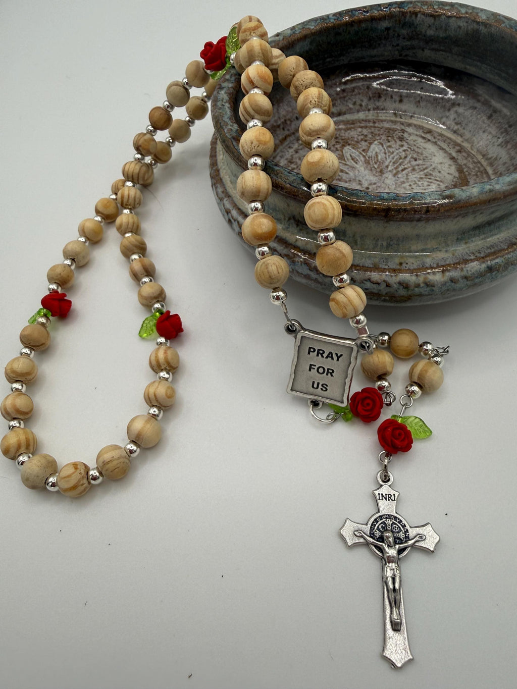 Wooden Rosary, Silver-toned Spacers, Red Rose  “Our Father Beads”
