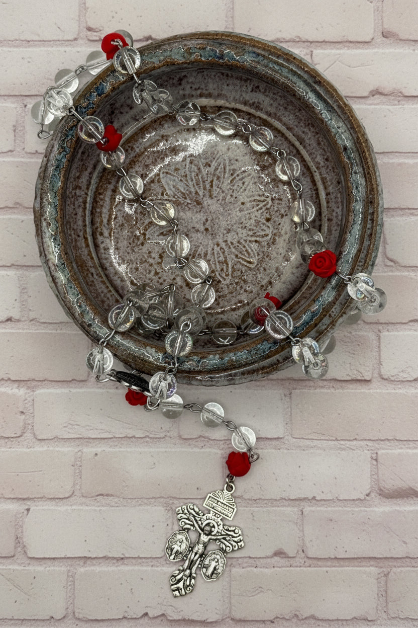Clear Glass Rosary, Red Rose Beads, Miraculous Medal