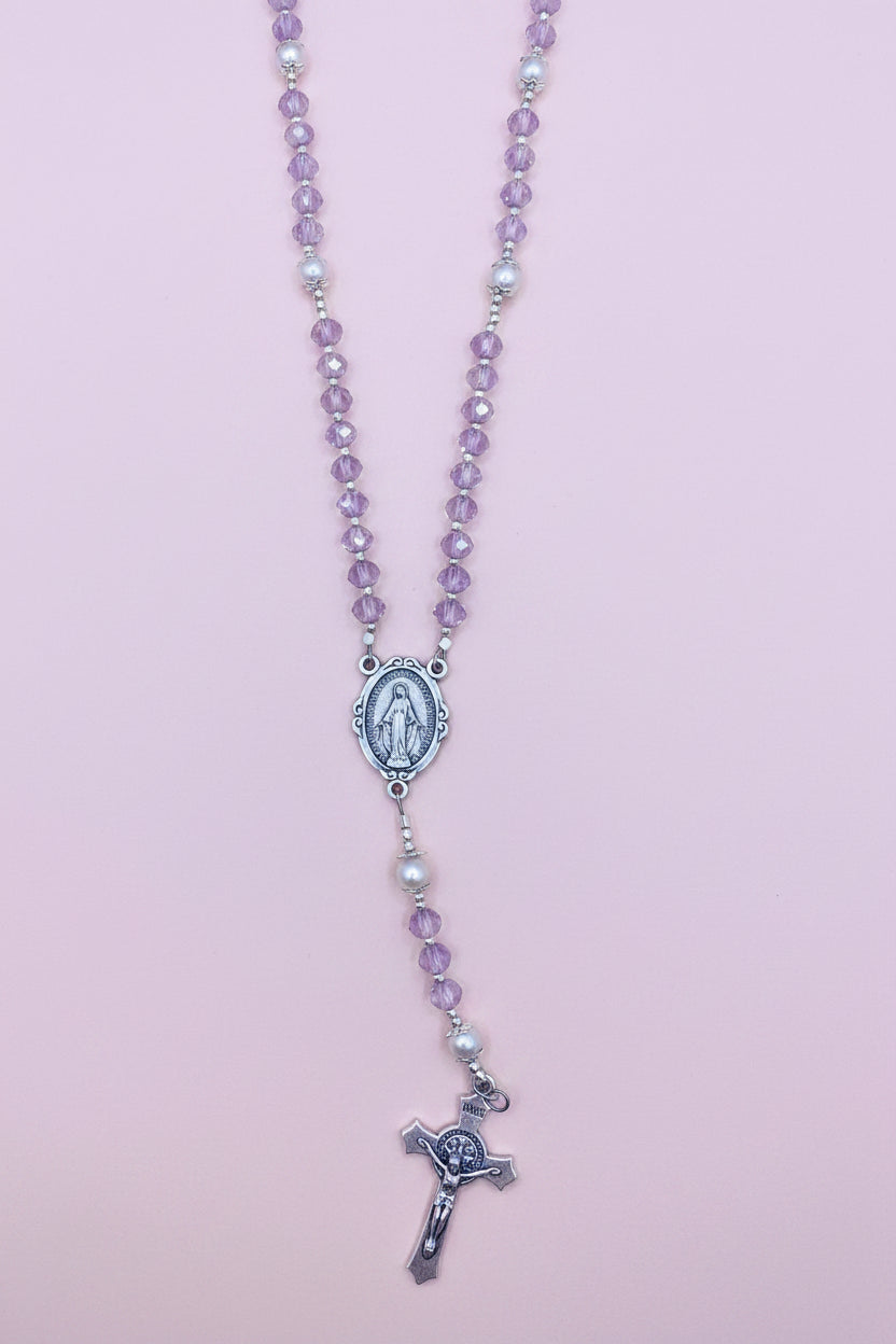 Child's First Rosary - Blush Pink Crystal Beads, Silver Crucifix