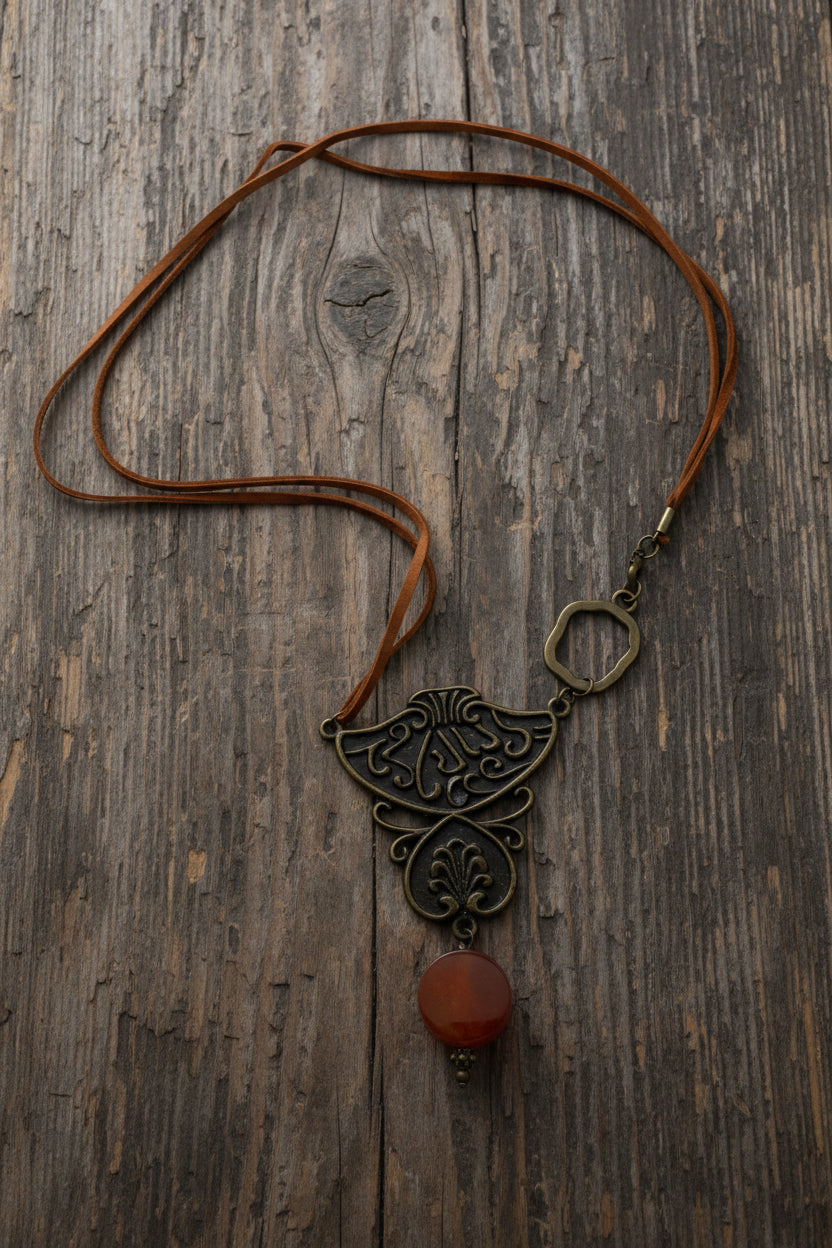 A bohemian-style pendant necklace featuring a dark bronze filigree leaf design, a small hexagonal metal ring, and a polished round reddish-orange agate bead dangle, suspended from a brown cord on a white background.