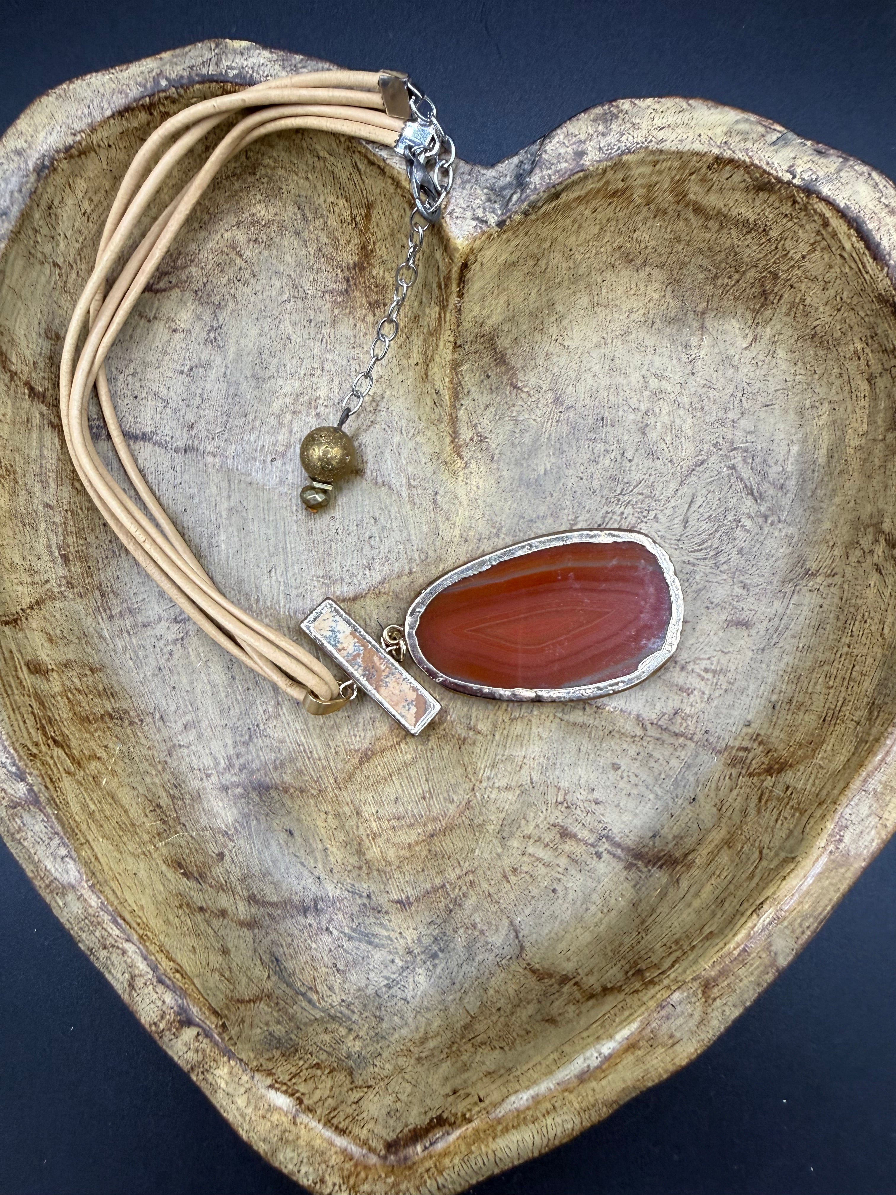 Boho Statement Agate Slice Necklace - Terracotta Orange Stone Pendant on Neutral Cord, Gold Trim, Gift for Her