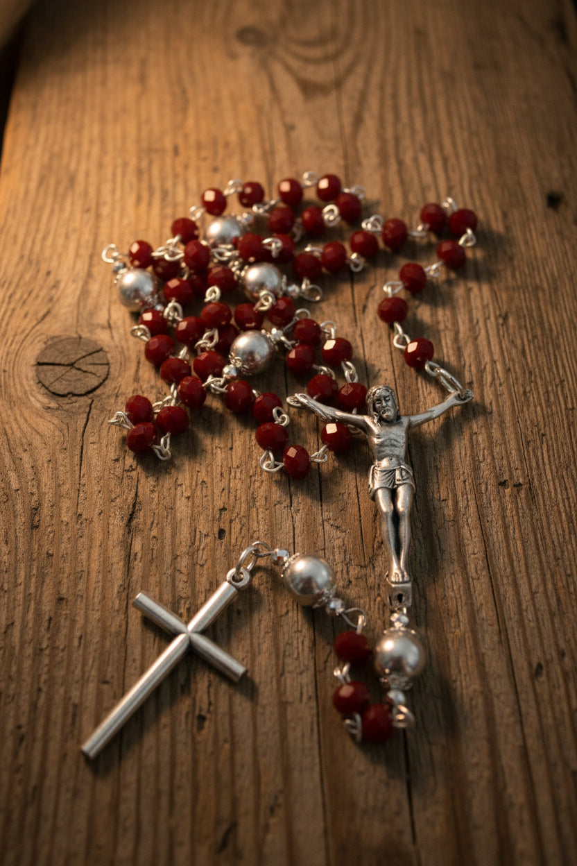 Handmade Catholic Rosary Crucifix | Silver Tone Cross with Red Accent Bead Rosary Crucifix