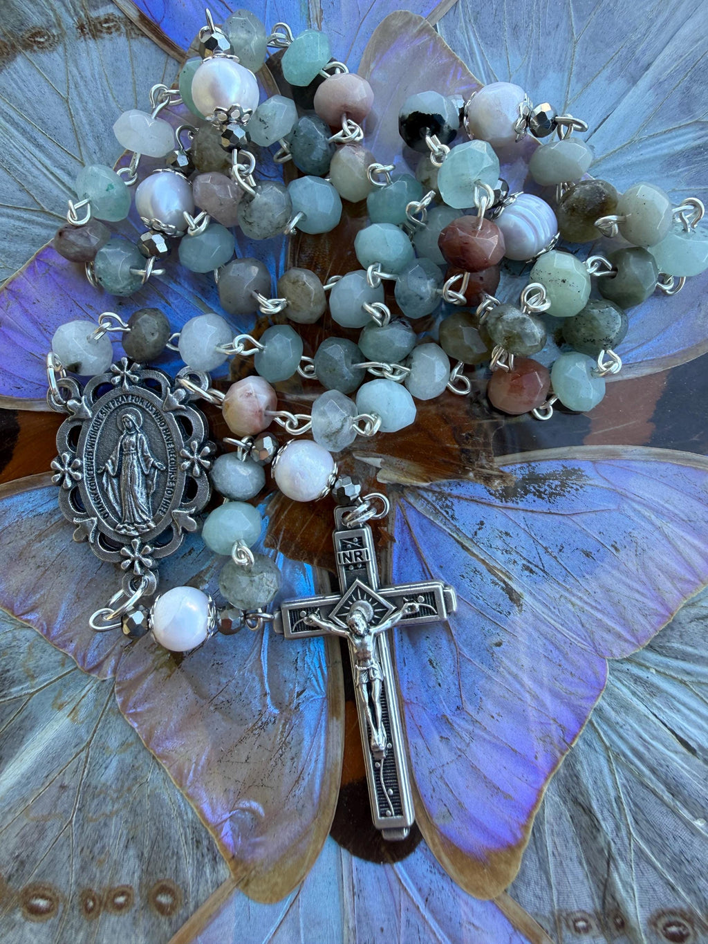 Handmade Amazonite Rosary with Freshwater Pearl Accents - Catholic Rosary Beads - Miraculous Medal