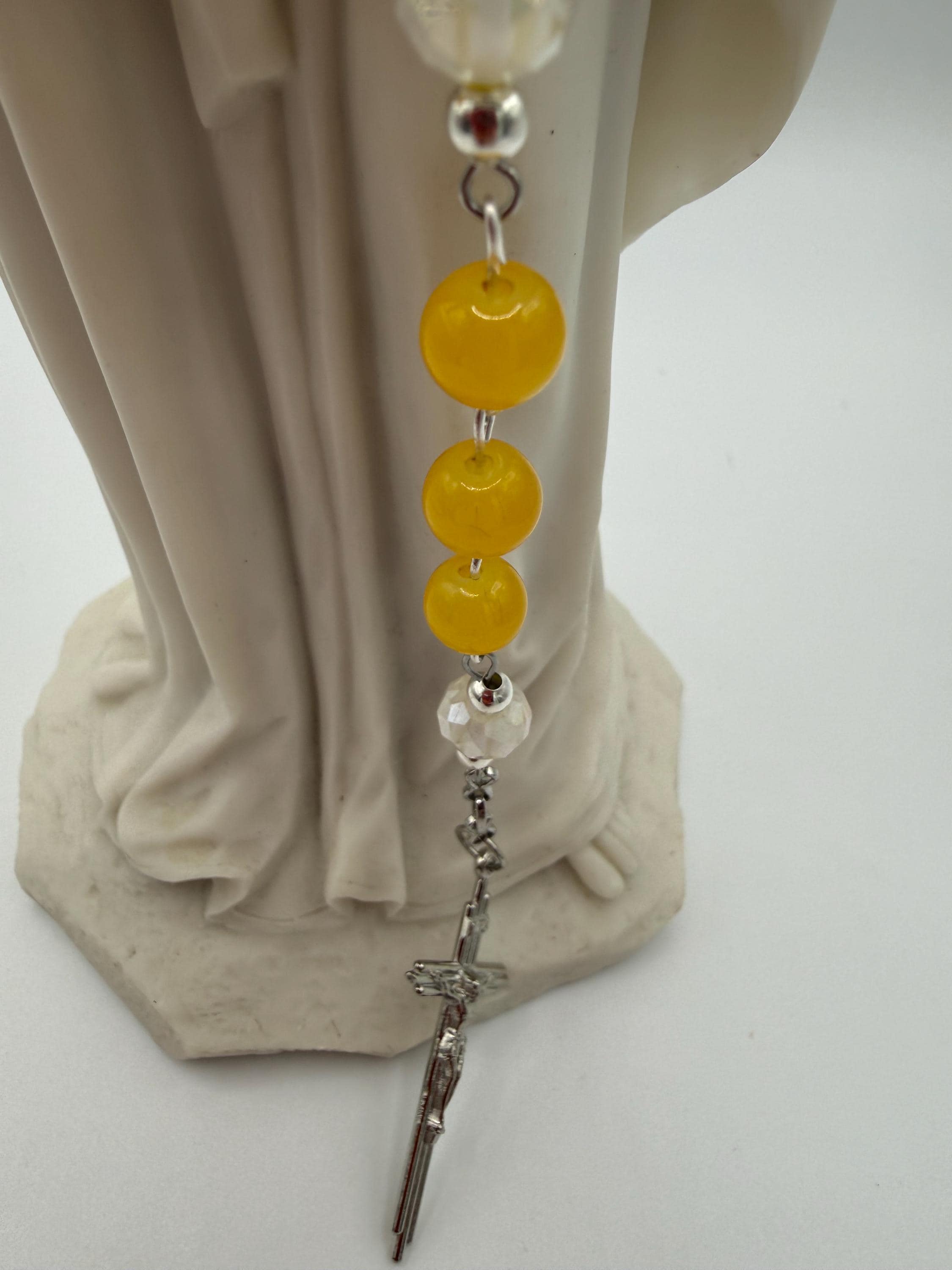 Yellow and White Floral Rosary with Mother Mary Centerpiece