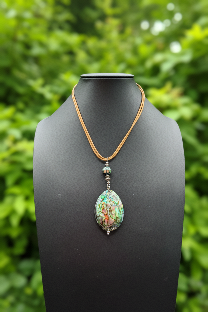 Natural Abalone Shell Pendant Necklace with Tan Leather Cord