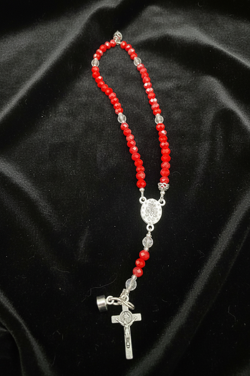 Red Crystal Rosary Bracelet – Miraculous Medal & Silver Crucifix | Handmade Catholic Gift