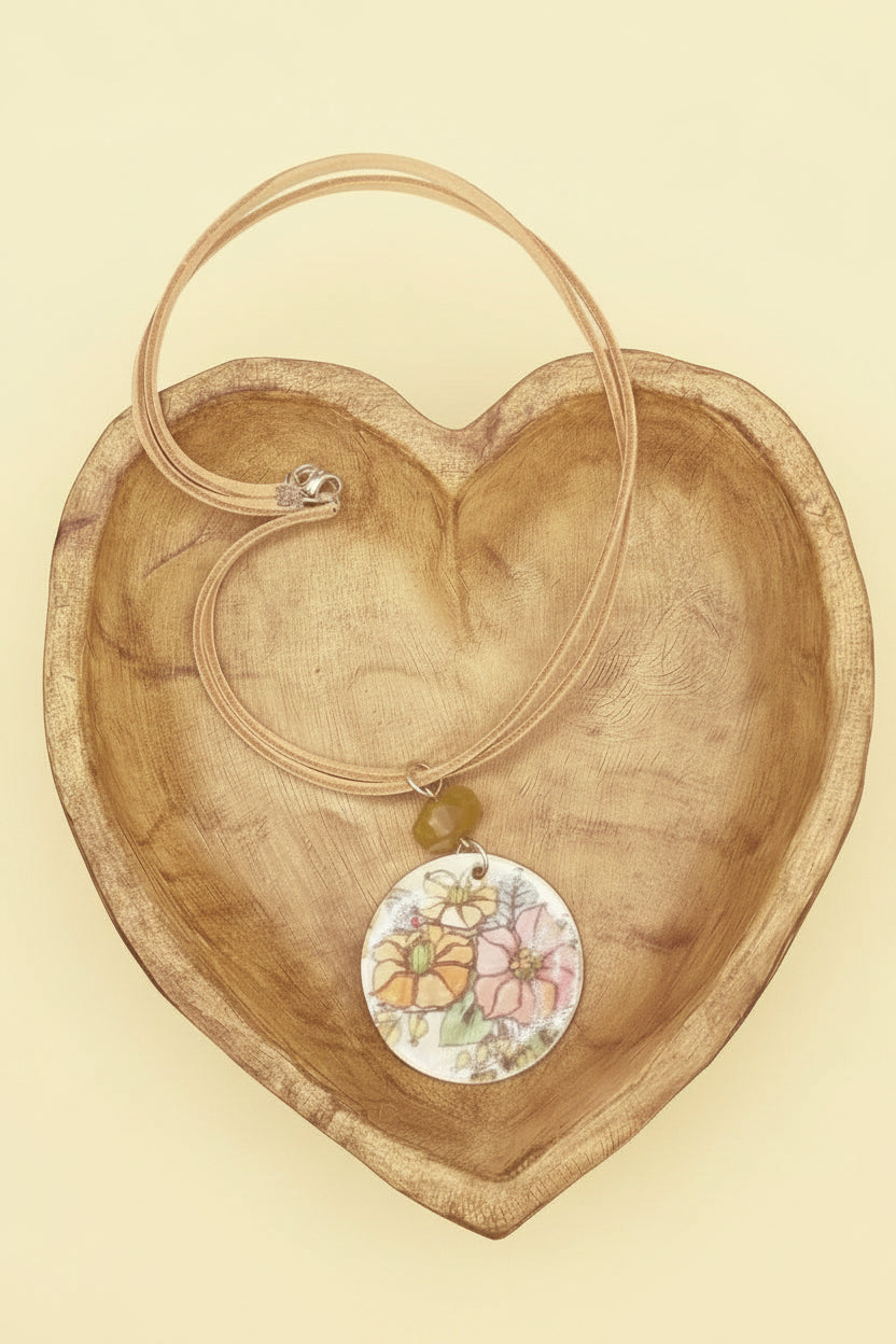 Handmade Floral Pendant Necklace, Artisan Illustrative Flower Pendant with Olive Green Gemstone Accent, Nature Inspired Cord Necklace, Whimsical Botanical Jewelry Gift for Her