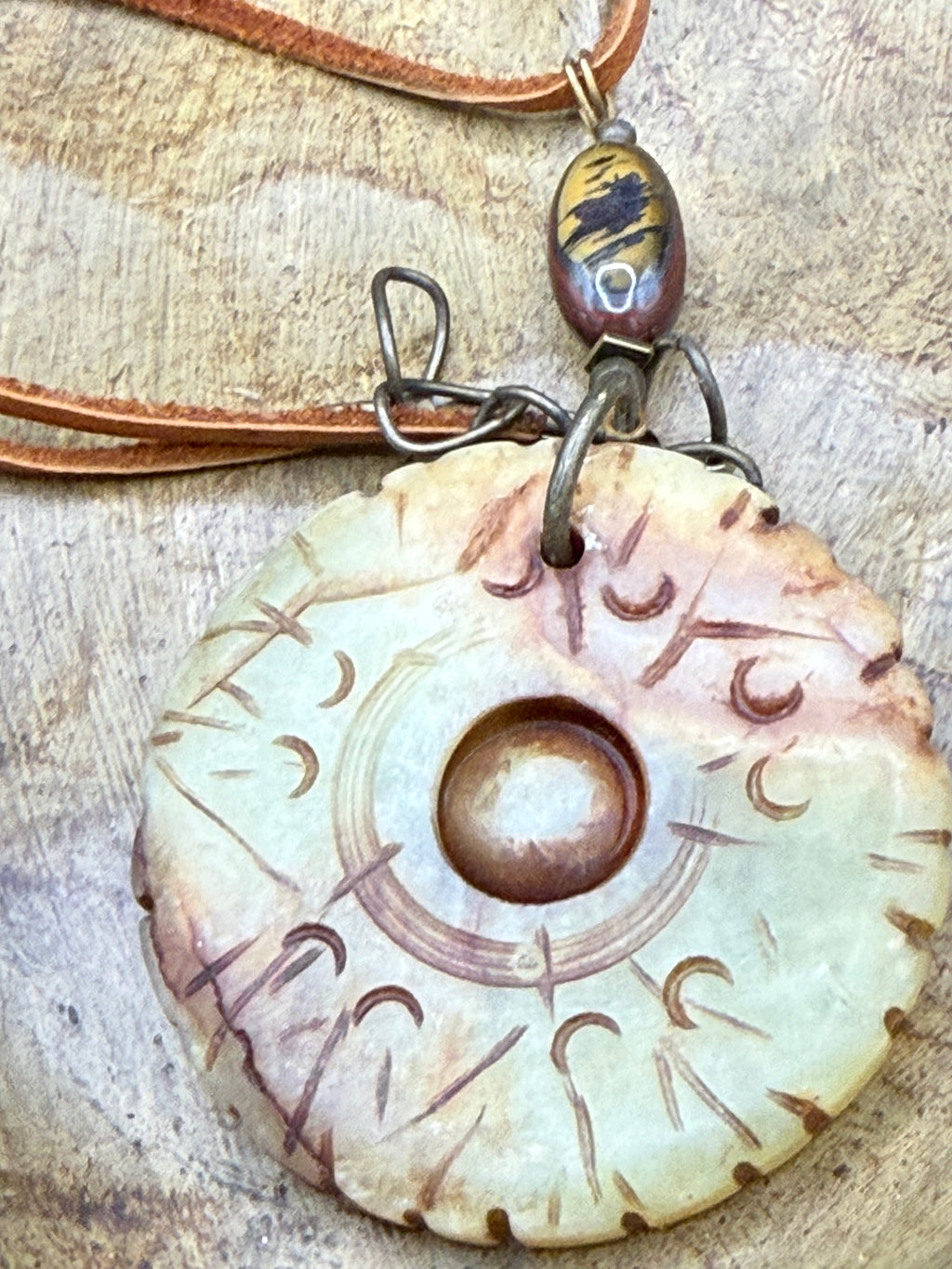 Carved Serpentine Jade Bi Disc Pendant Necklace | Tiger Iron Gemstone Boho Amulet