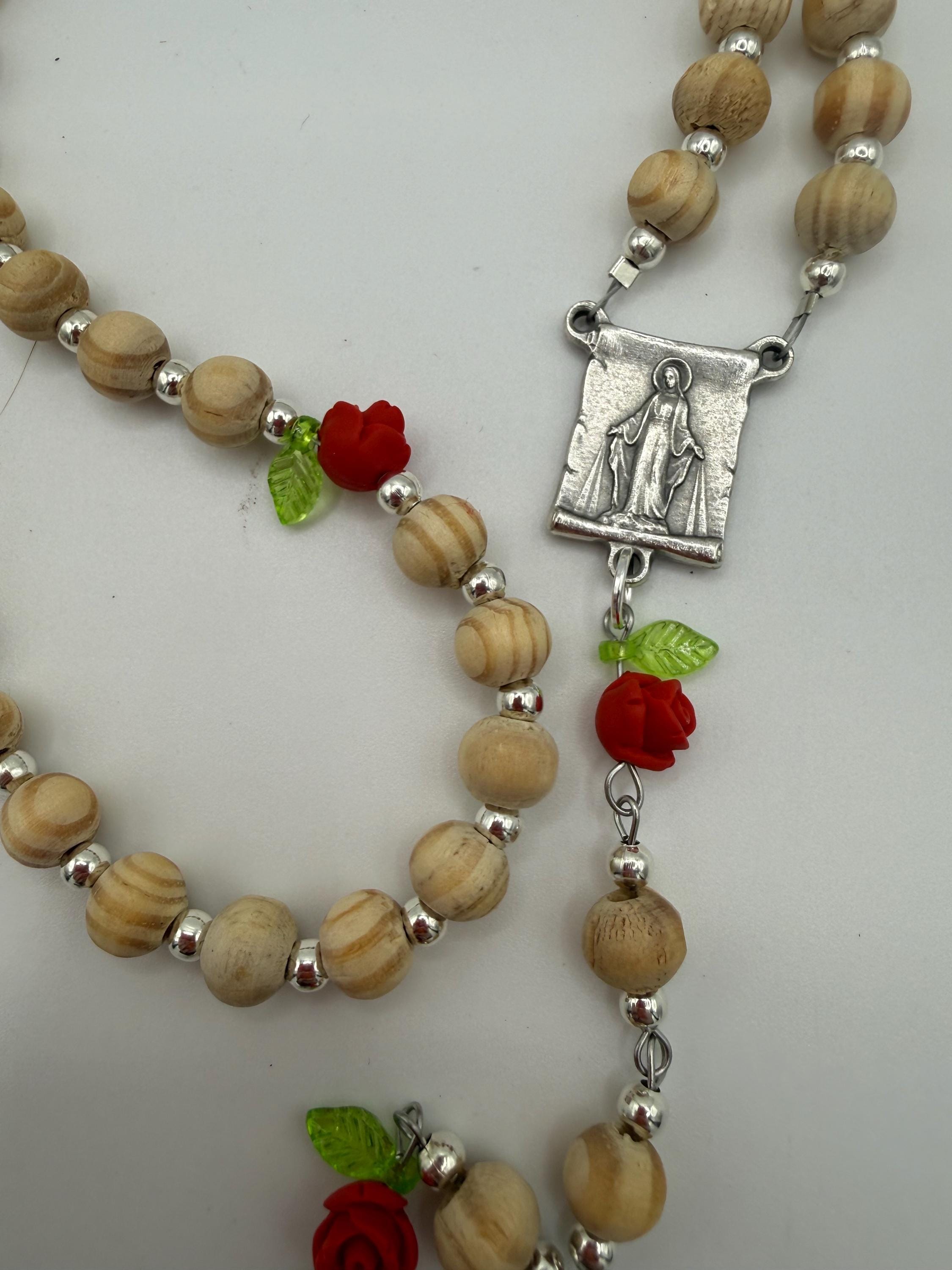 Wooden Rosary, Red Crystal Spacers, Rose Our Father Beads