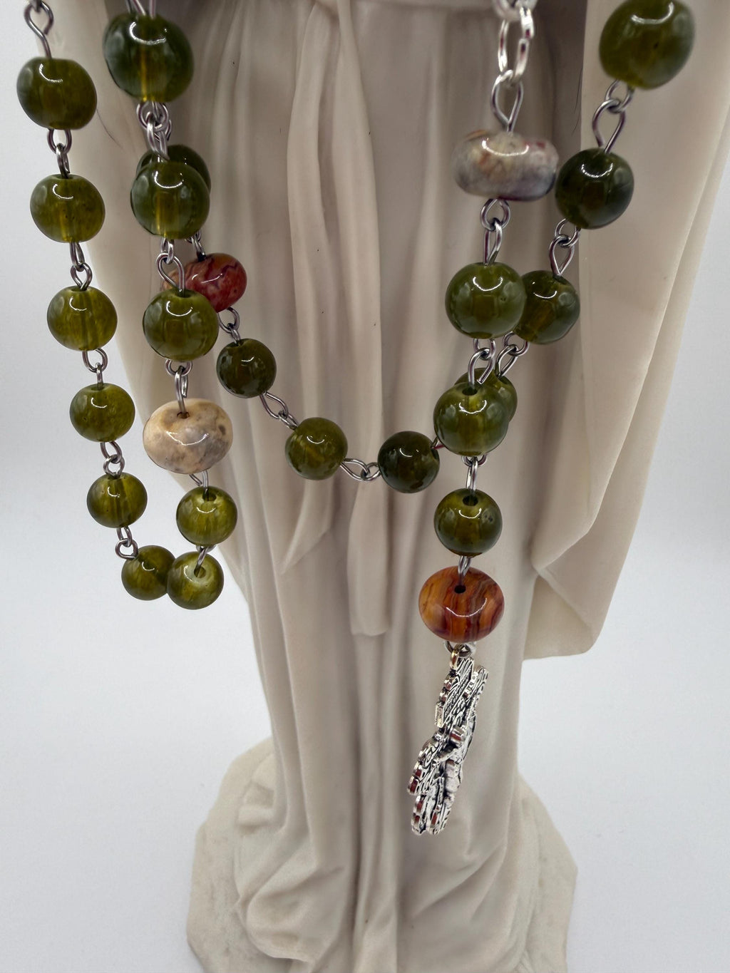Handmade Green Rosary-Olive Beads with Agate Accents, Silver Miraculous Medal Center and Pardon Crucifix