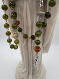 Handmade Green Rosary-Olive Beads with Agate Accents, Silver Miraculous Medal Center and Pardon Crucifix